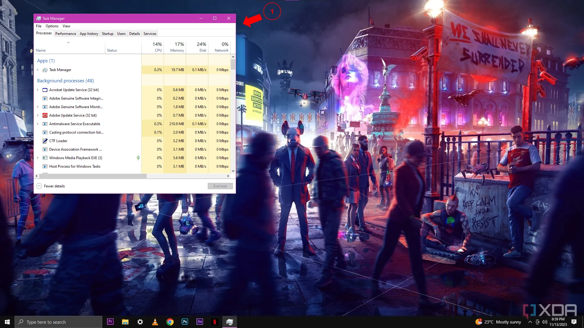 Cửa sổ Task Manager (Trình quản lý tác vụ) trên Windows 10 hiển thị tab Processes (Tiến trình), nơi người dùng có thể tắt các ứng dụng không cần thiết.
