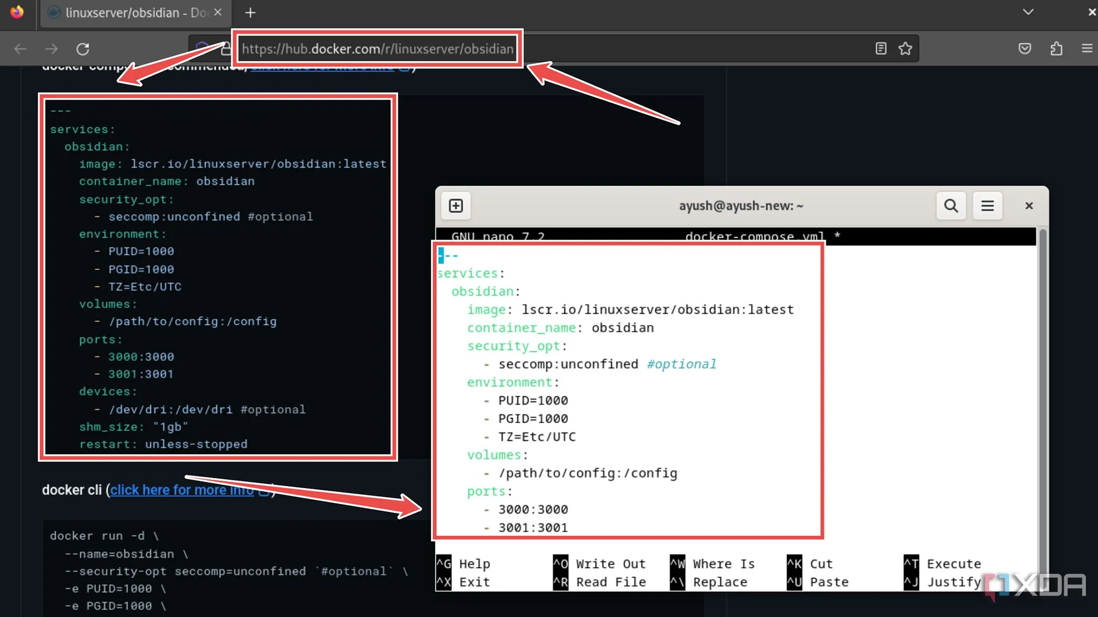 Dán cấu hình Docker Compose cho Obsidian từ Docker Hub