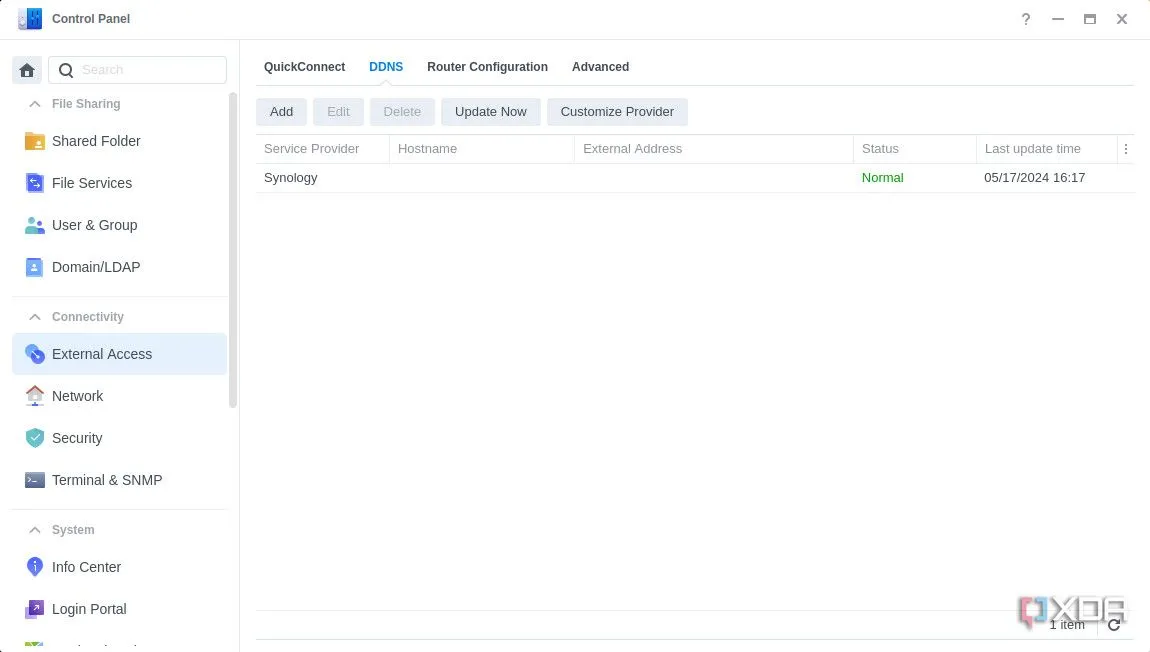 Danh sách cấu hình DDNS trong Synology DSM 7, hiển thị trạng thái kết nối