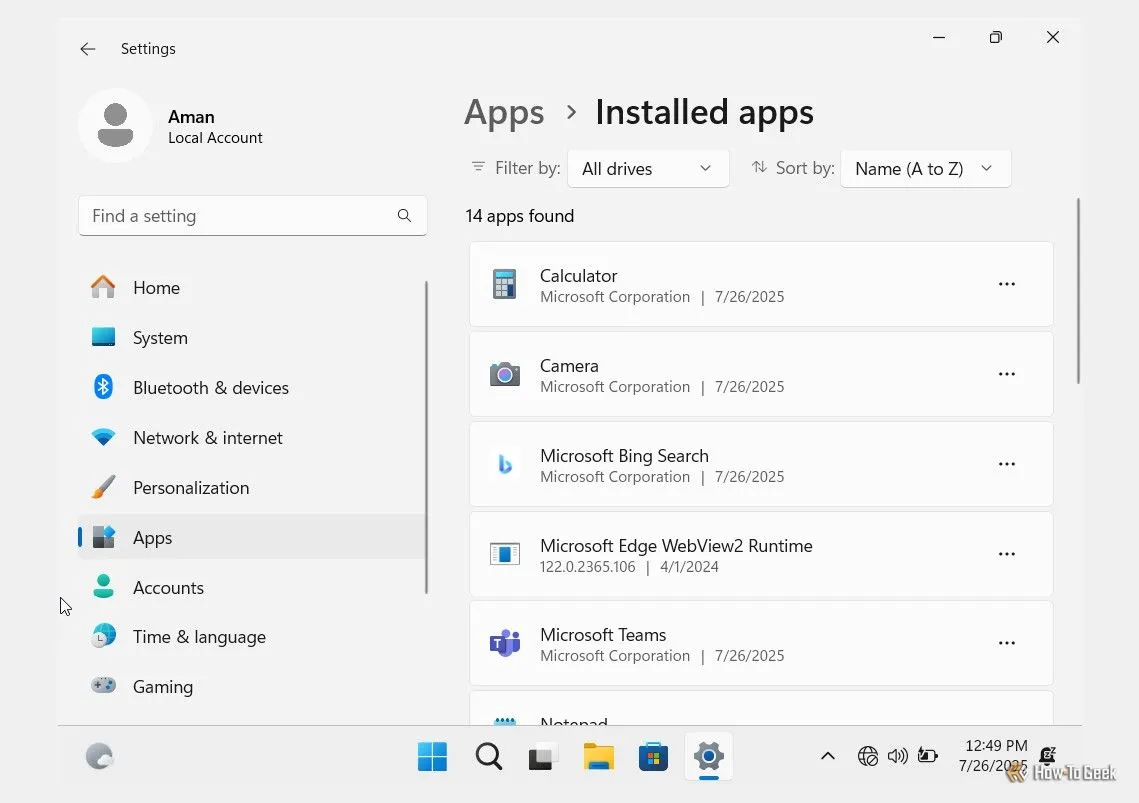 Danh sách ứng dụng đã cài đặt trên máy ảo với Windows 11 Tiny11, chỉ bao gồm các ứng dụng cốt lõi