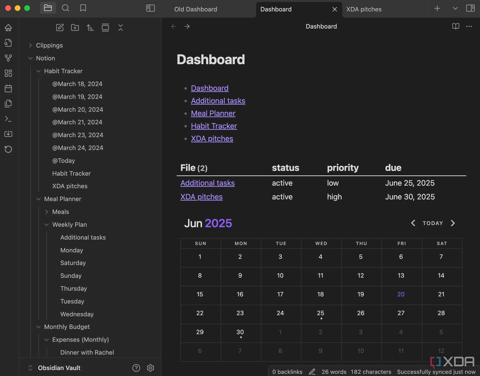 Dashboard quản lý tác vụ và lịch dự án được tạo bằng plugin Dataview trong Obsidian