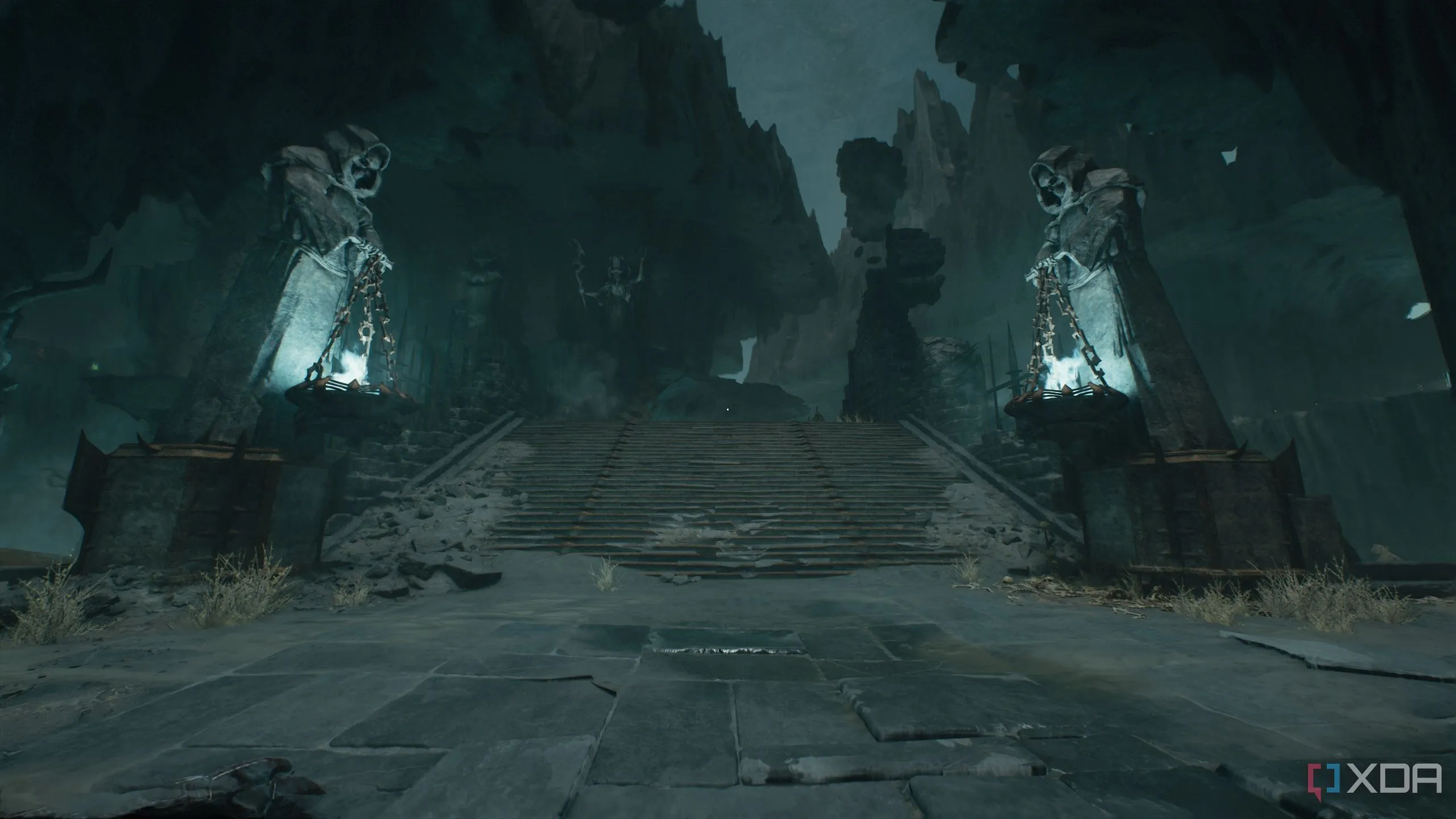Đấu trường lớn với các bức tượng và cầu thang trong Chapter 19 Doom The Dark Ages