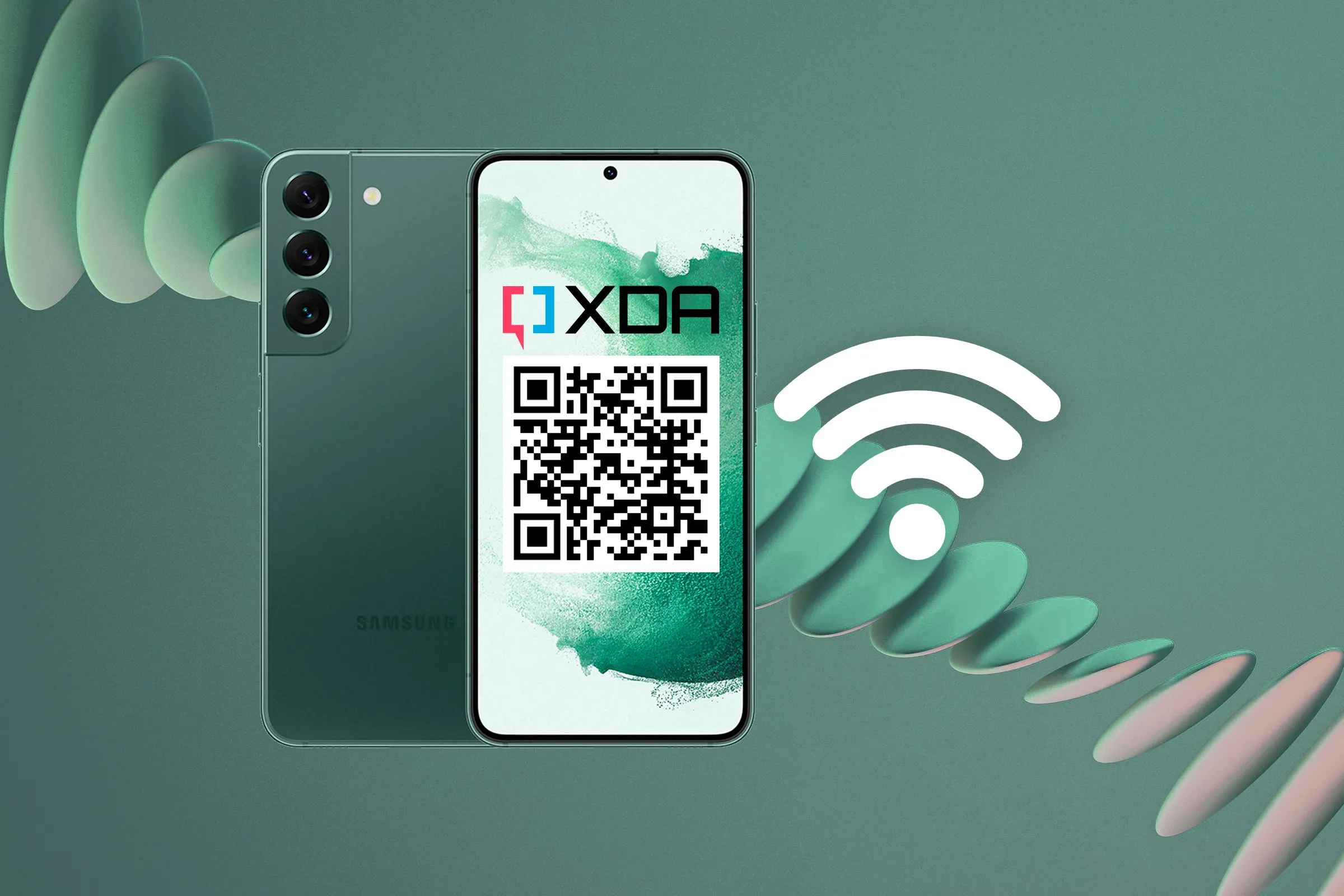 Điện thoại Samsung Galaxy S22 hiển thị logo XDA và mã QR minh họa tính năng chia sẻ mật khẩu Wi-Fi trên Android
