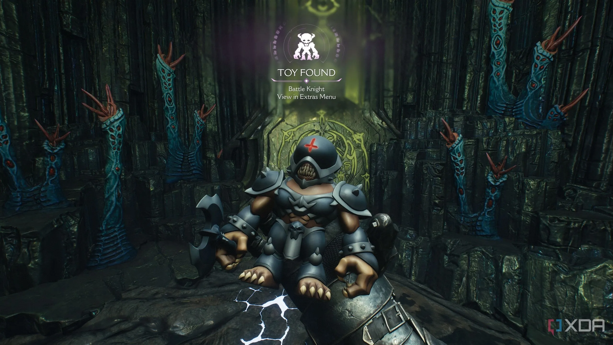 Đồ chơi Battleknight nằm trên bệ trong Chương 16 Doom The Dark Ages