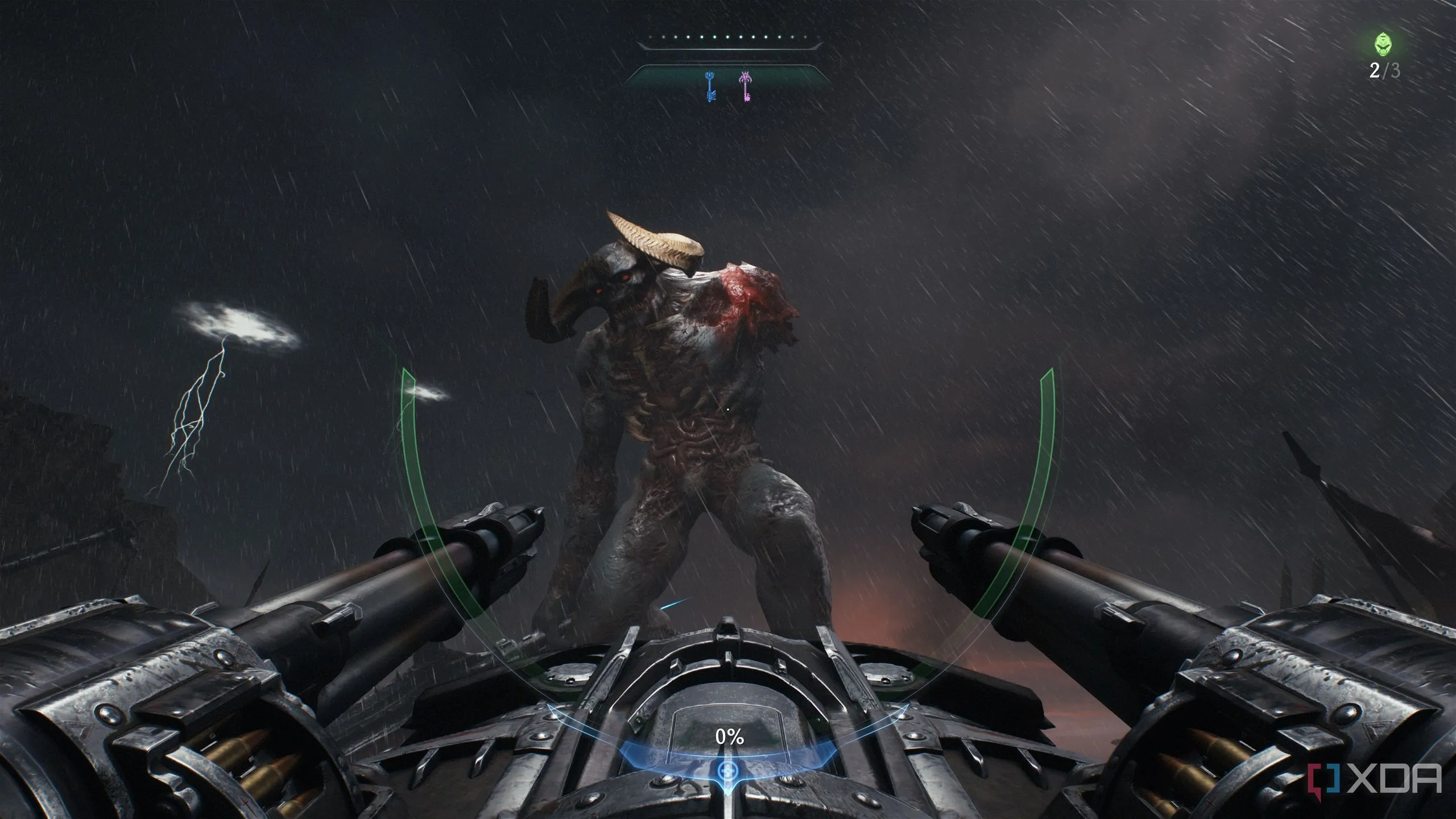 Doom Slayer điều khiển tháp pháo cố định bắn vào quái vật khổng lồ