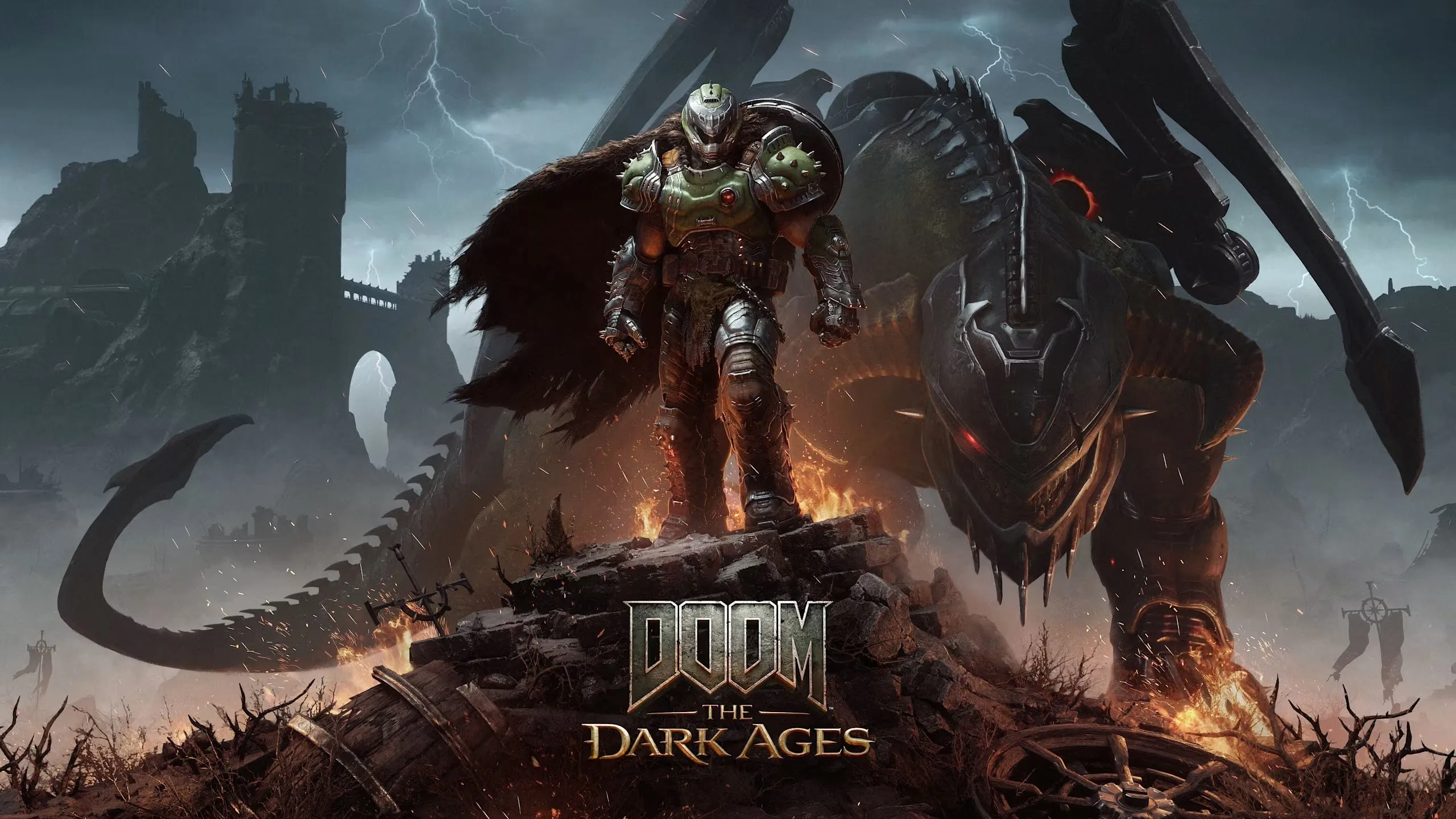 Doom Slayer đứng oai vệ trên chiến trường đổ nát với rồng chiến bên cạnh trong Doom The Dark Ages, biểu tượng cho sức mạnh không thể ngăn cản.