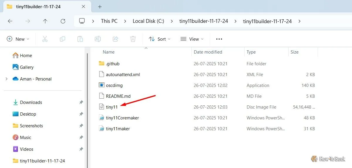 File ISO mới của Tiny11 sau khi script hoàn tất, chứa phiên bản Windows 11 không bloatware