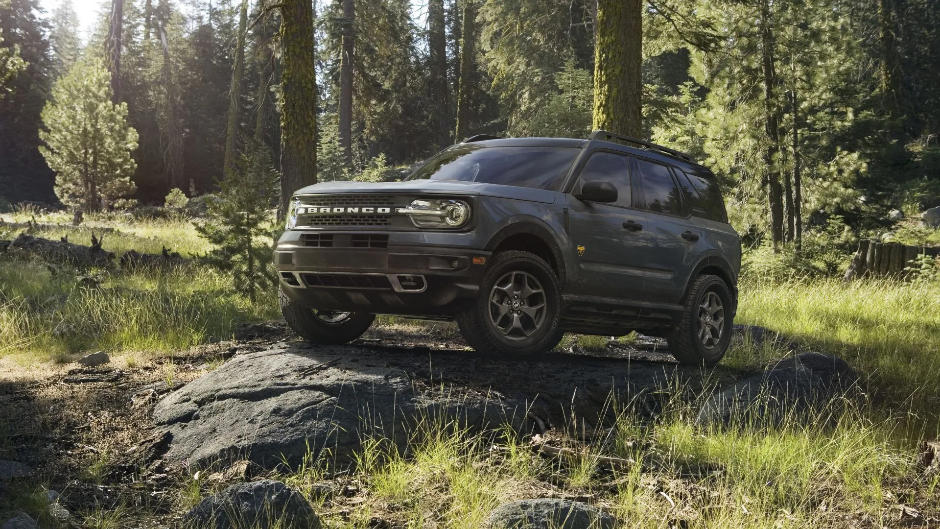 Ford Bronco Sport 2022 màu xám đang đỗ trên một tảng đá lớn trong rừng, nhấn mạnh khả năng off-road mạnh mẽ.