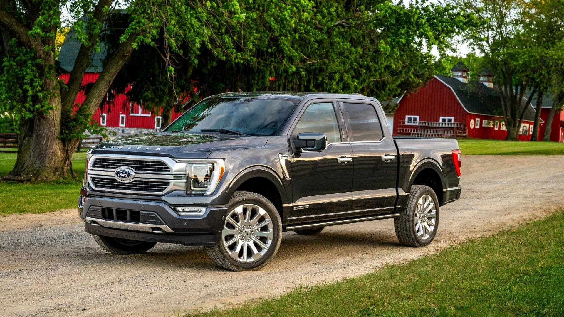 Ford F-150 2021 màu xám đỗ trên đường sỏi tại một trang trại