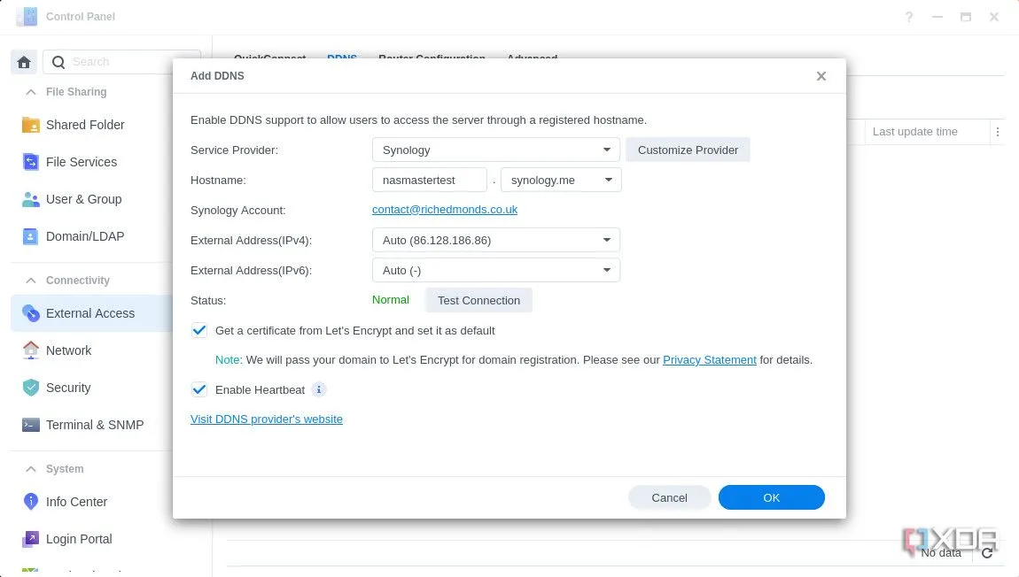 Form điền thông tin để thêm DDNS mới trên Synology DSM 7