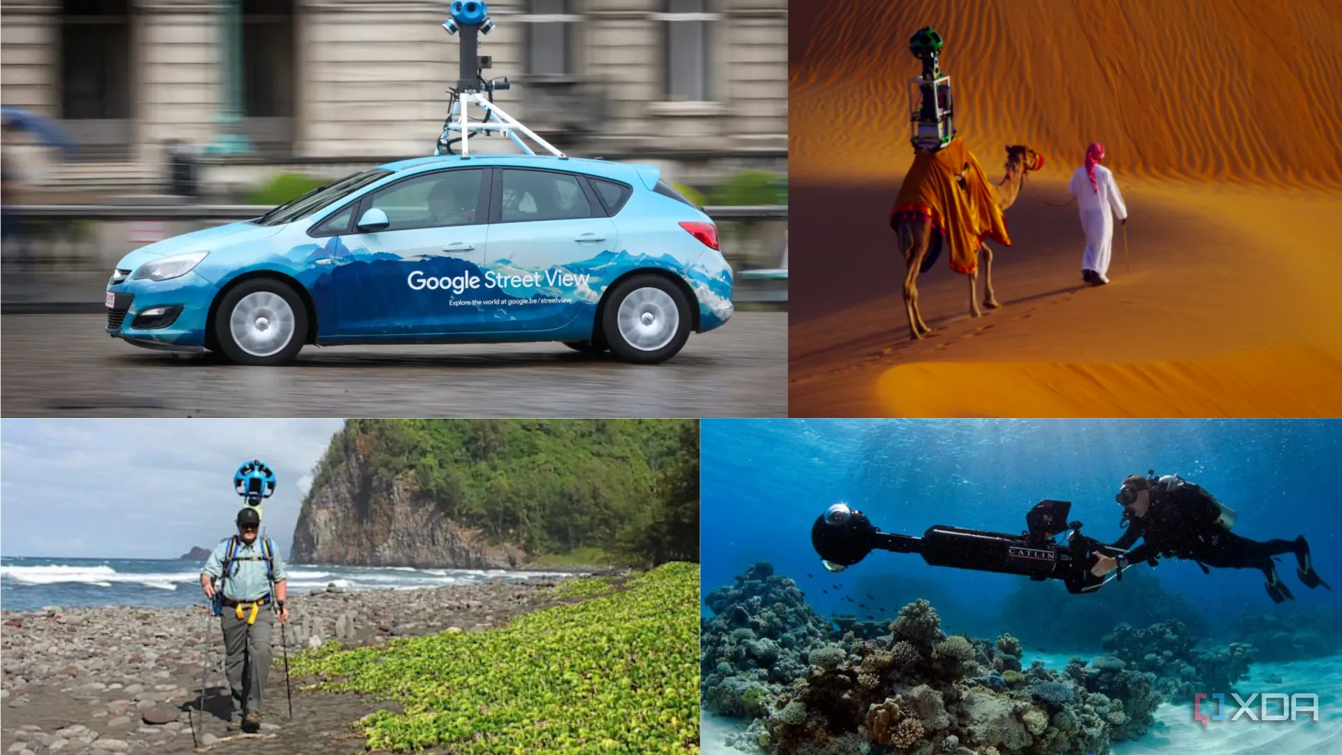 Four images showing Google's diverse methods of capturing Street View data using cars, backpack cameras, boats, and camels