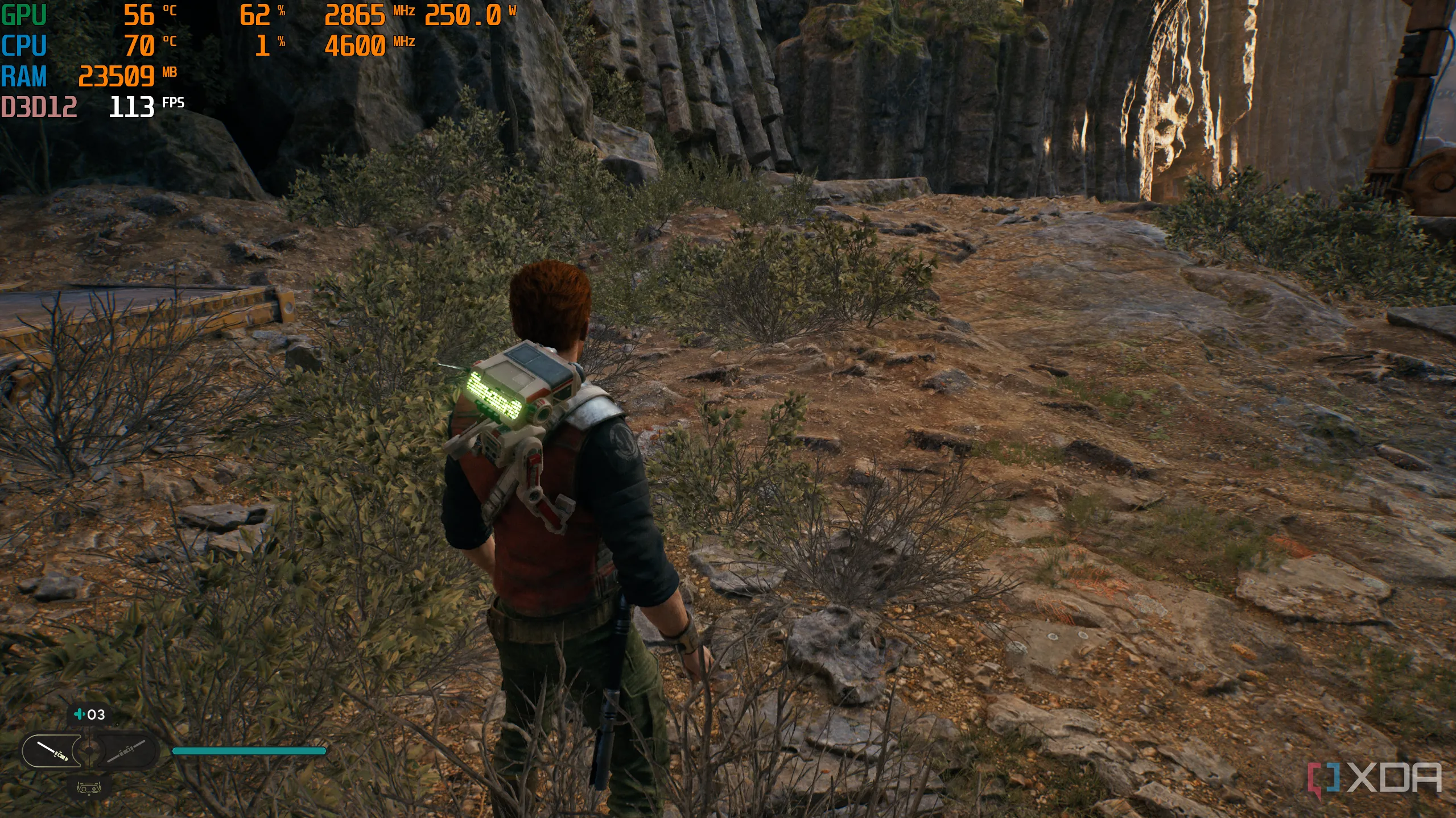 Game Jedi Survivor chạy trên PC, màn hình giám sát hiệu suất với MSI Afterburner, minh chứng cho việc tối ưu hóa kém