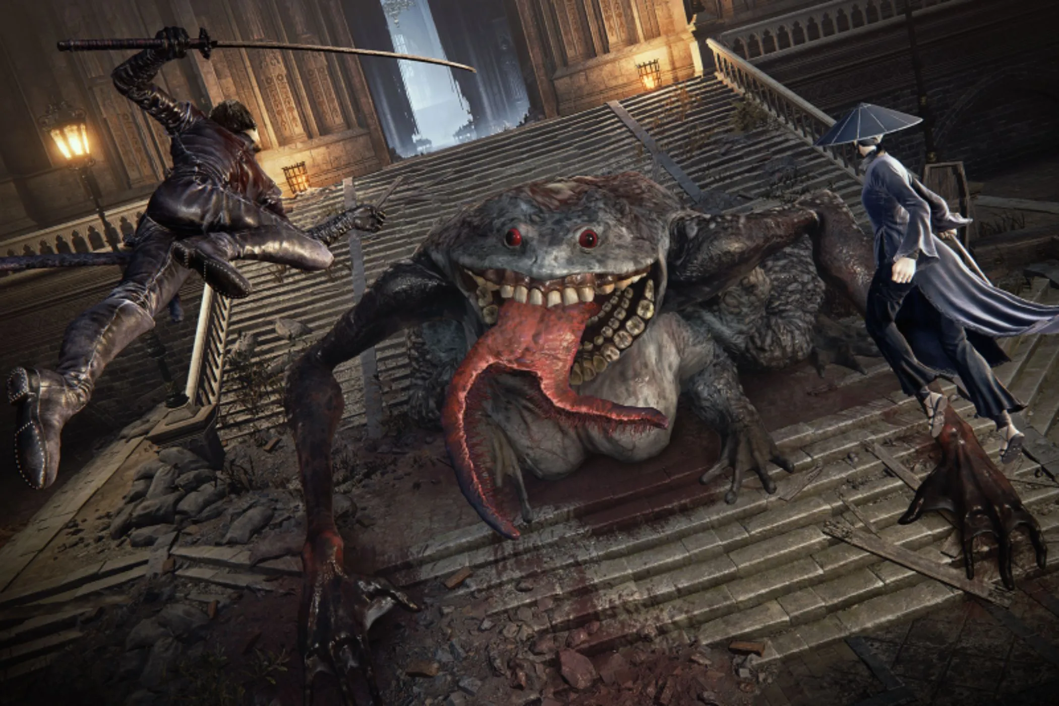 Game thủ Duskbloods chiến đấu với quái vật ếch khổng lồ trên cầu thang