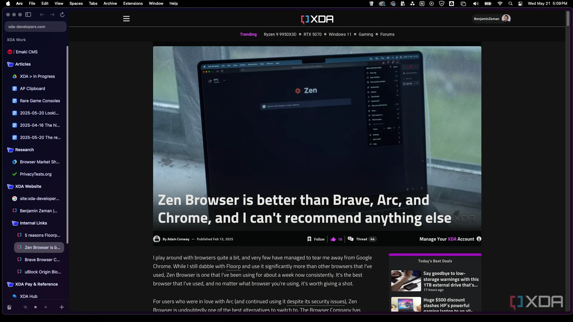 Giao diện Arc Browser với các nhóm tab và thư mục lồng nhau được sắp xếp khoa học