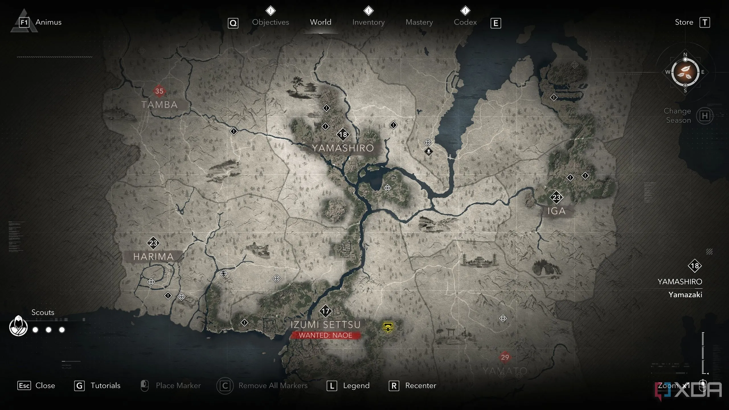 Giao diện bản đồ trong Assassin's Creed Shadows hiển thị các điểm đã được trinh sát và tùy chọn hồi phục lính trinh sát bằng vàng