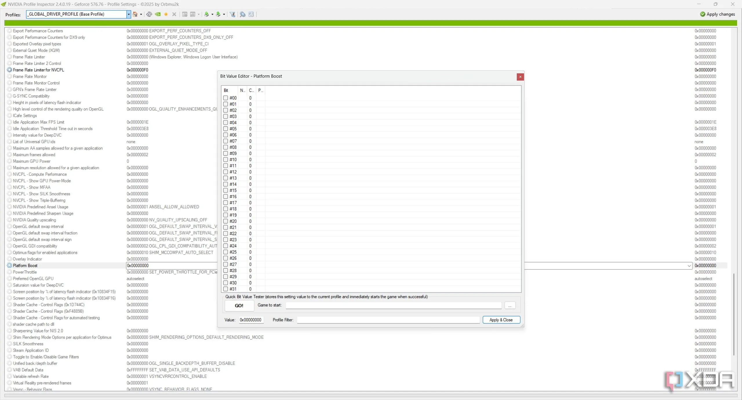 Giao diện Bit Editor trong Nvidia Profile Inspector cho tùy chỉnh nâng cao