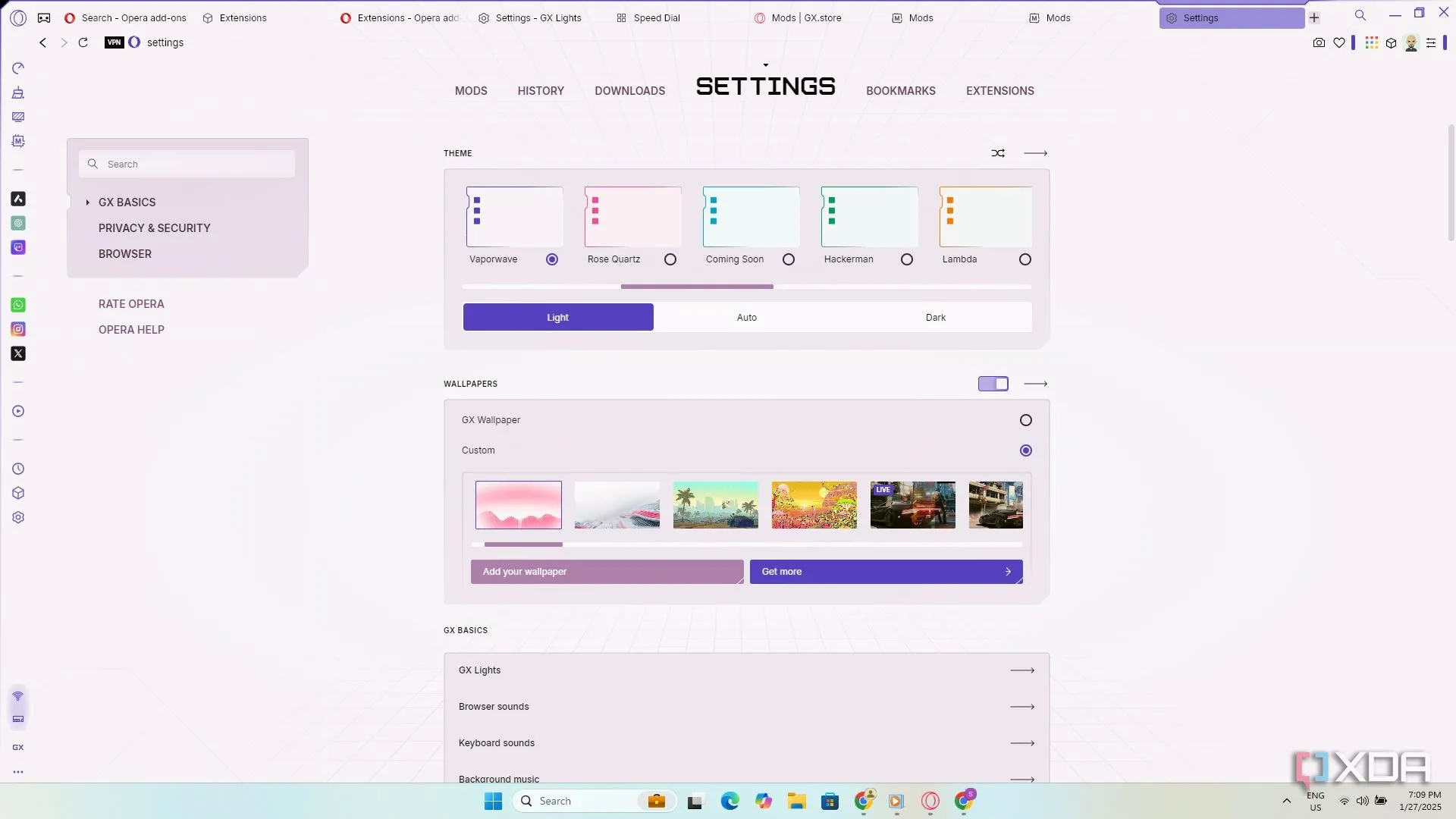 Giao diện cài đặt của Opera GX, minh họa các tùy chọn tùy chỉnh trình duyệt hỗ trợ Workspaces