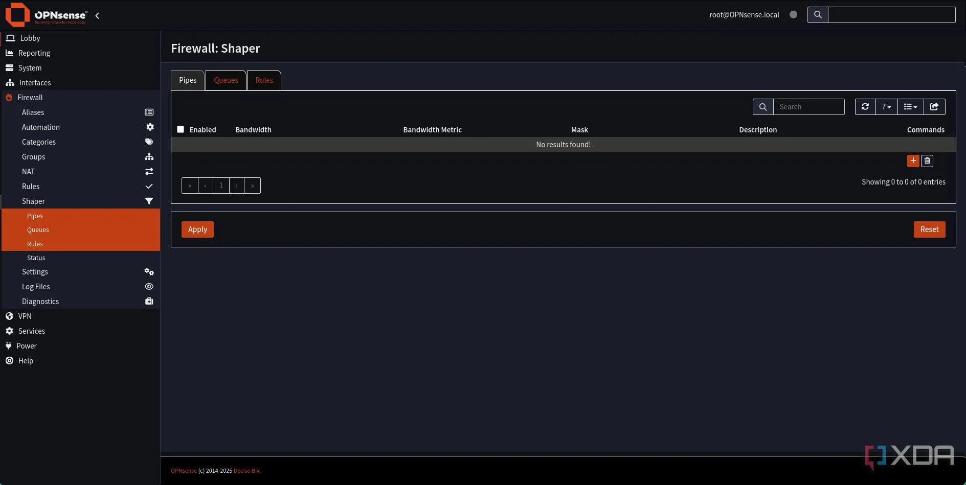 Giao diện cài đặt Pipes (Đường ống) trong Traffic Shaper của OPNsense