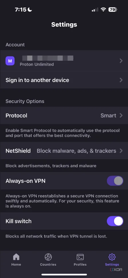 Giao diện cài đặt Proton VPN