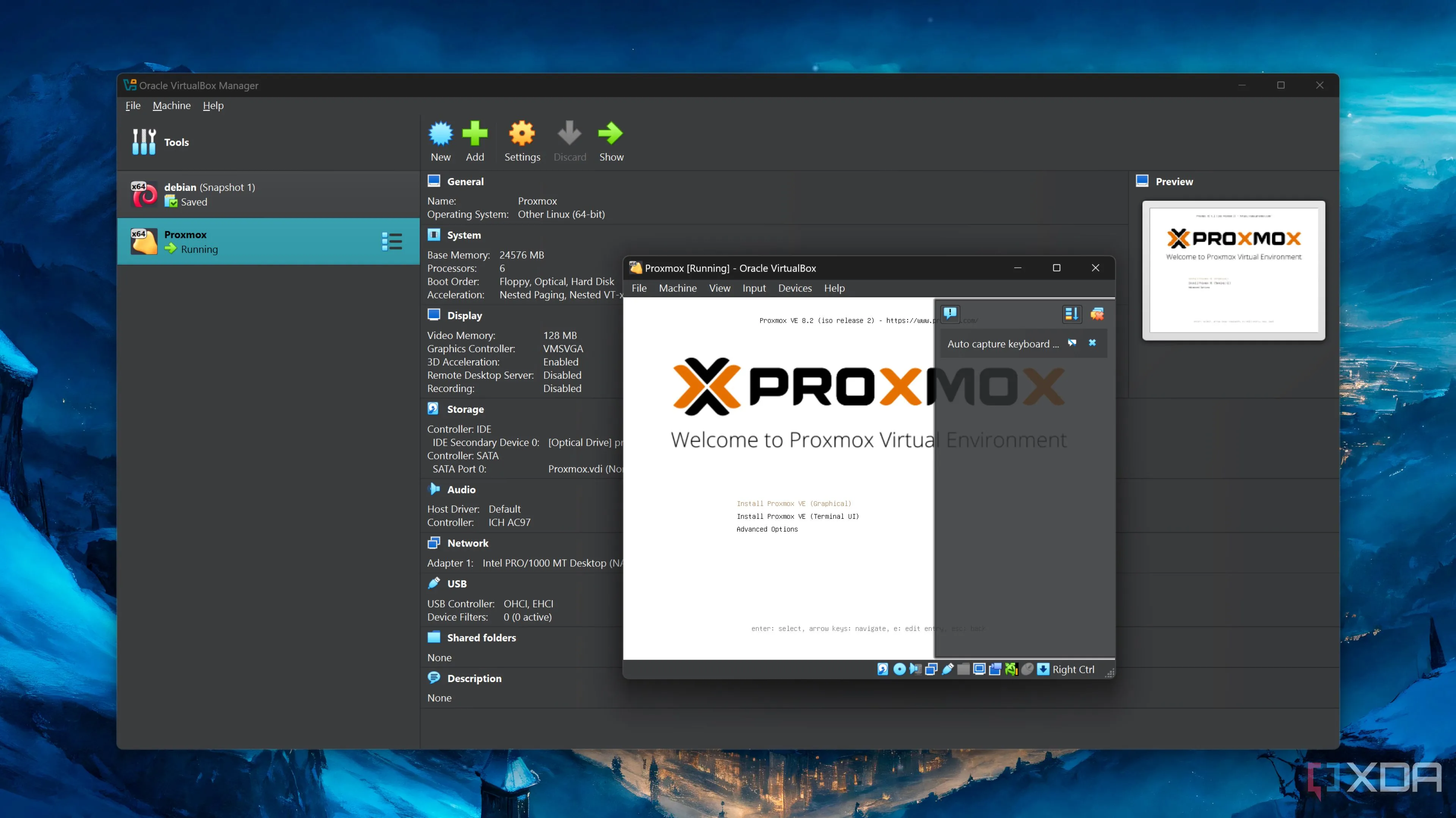 Giao diện cài đặt Proxmox trong VirtualBox, thể hiện khả năng thử nghiệm hệ điều hành ảo hóa dễ dàng