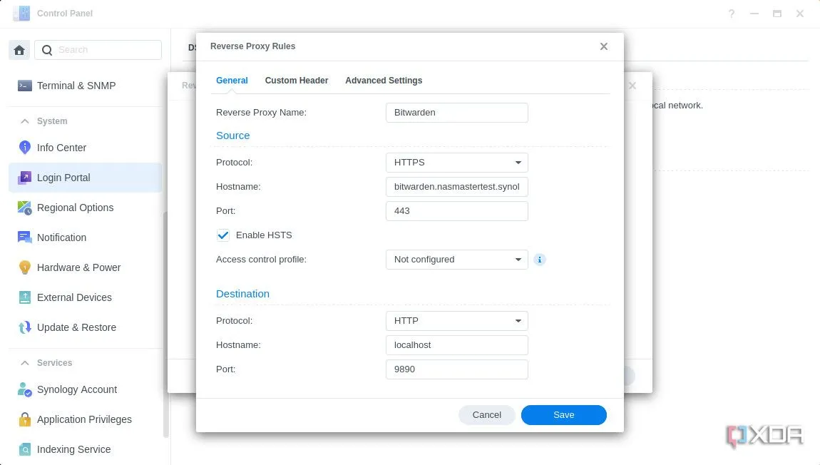 Giao diện cài đặt Reverse Proxy trong Synology DSM 7, hiển thị các ứng dụng đã cấu hình