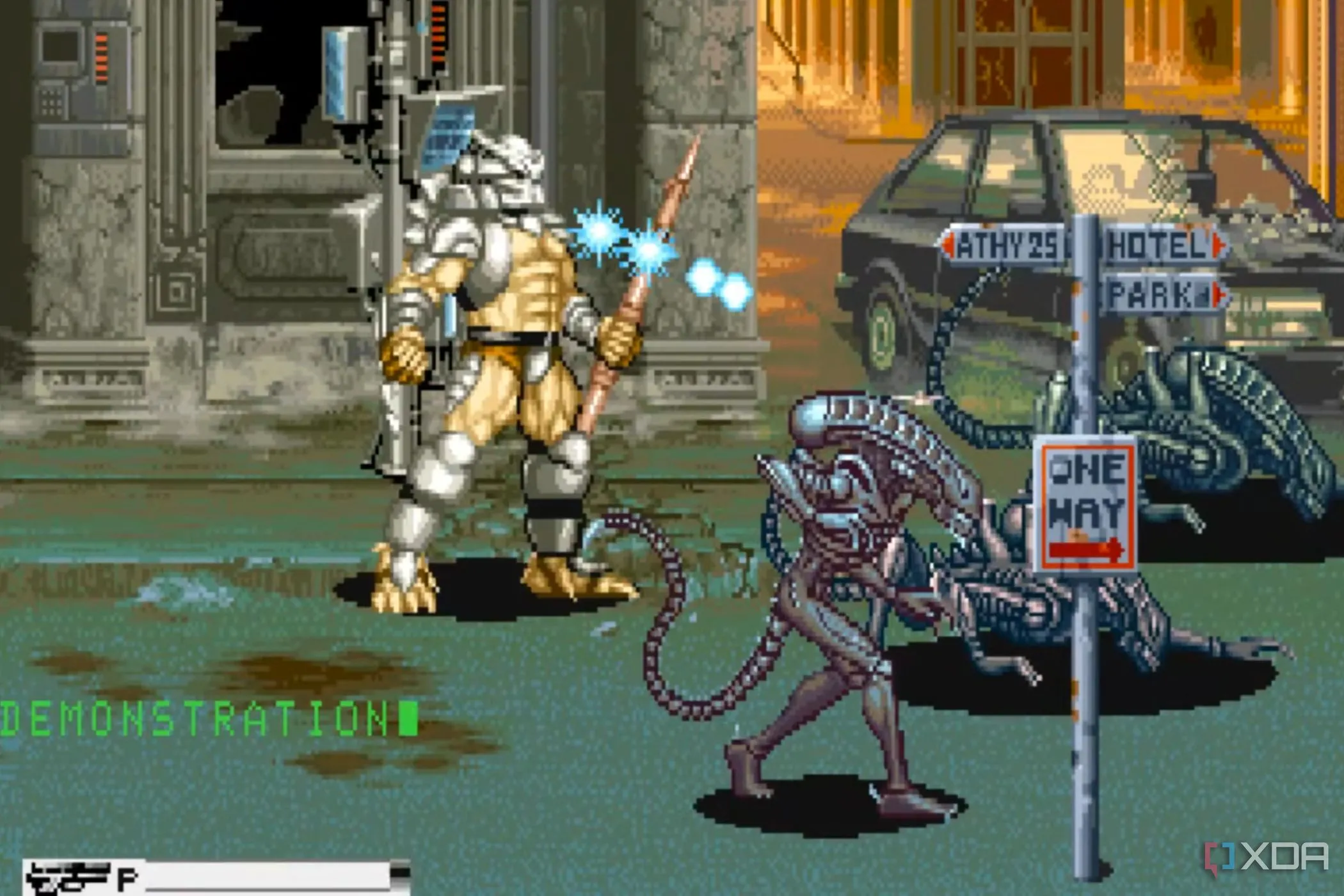 Giao diện chiến đấu căng thẳng trong game arcade Alien vs. Predator của Capcom