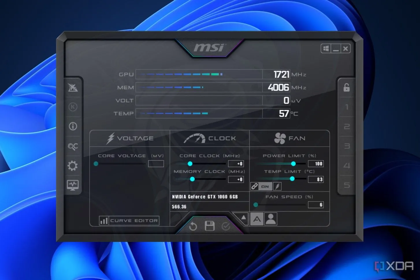 Giao diện chính của phần mềm ép xung và theo dõi MSI Afterburner