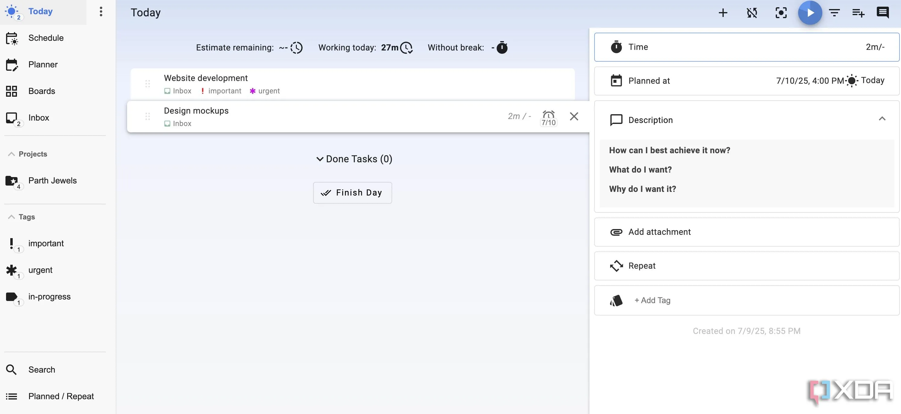 Giao diện chính của Super Productivity hiển thị các tác vụ hàng ngày và lịch trình