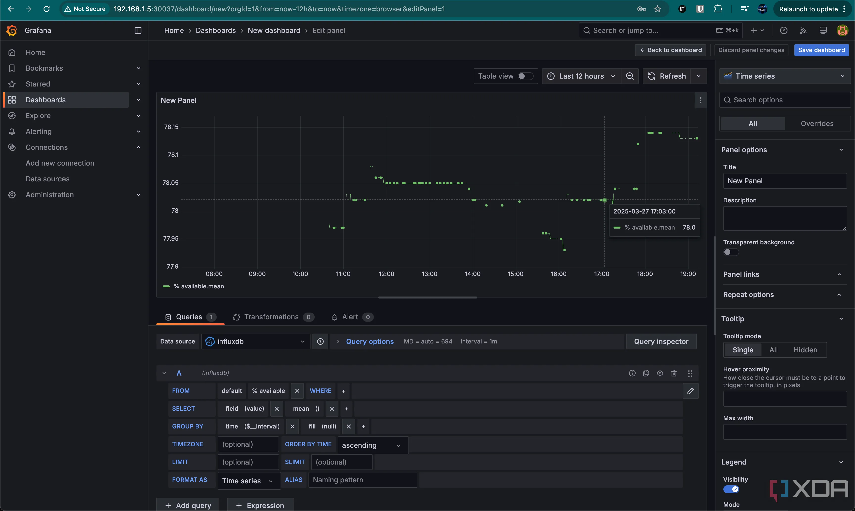 Giao diện chỉnh sửa biểu đồ trong Grafana, cho phép tùy chỉnh các tham số hiển thị dữ liệu thu thập từ thiết bị nhà thông minh.