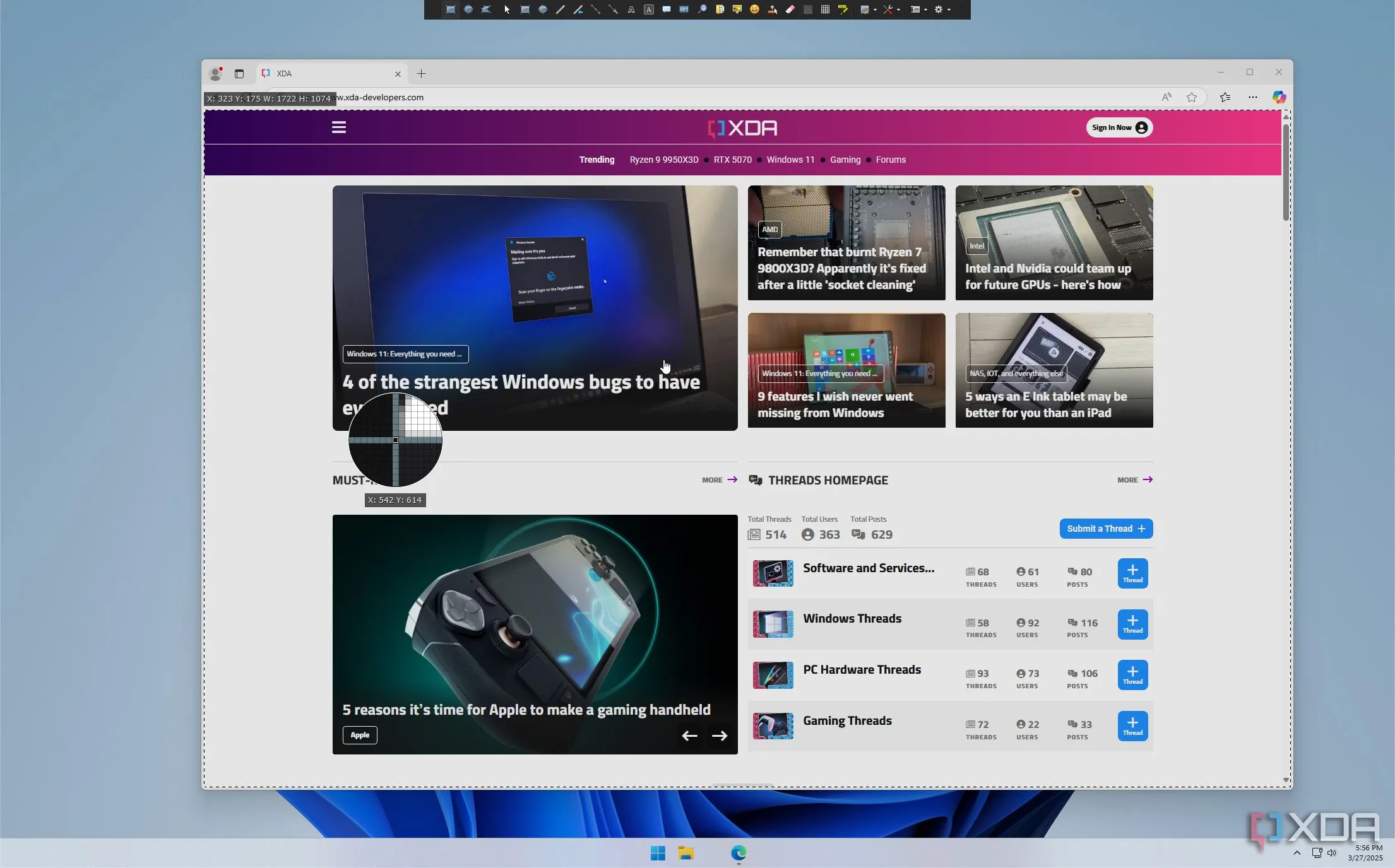 Giao diện chụp màn hình ShareX với tính năng zoom cận cảnh giúp chọn vùng chụp chính xác từng pixel