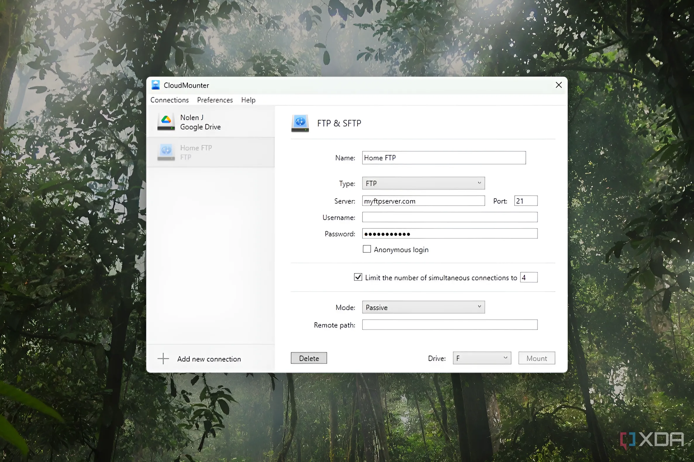 Giao diện CloudMounter khi người dùng thêm kết nối FTP, minh họa khả năng hỗ trợ giao thức máy chủ từ xa
