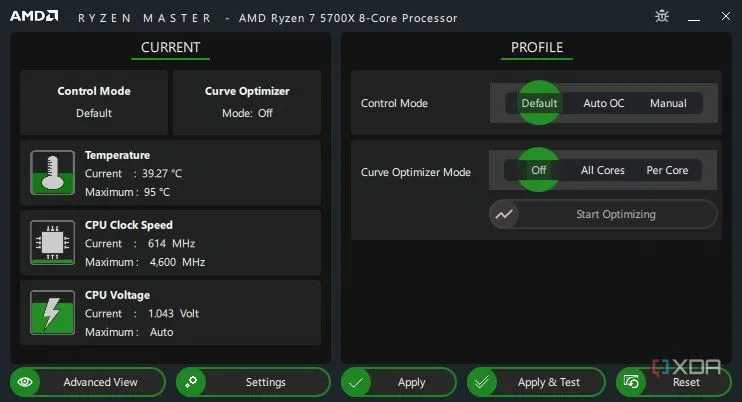 Giao diện cơ bản của phần mềm AMD Ryzen Master hiển thị nhiệt độ CPU, minh họa công cụ giúp người dùng theo dõi và điều chỉnh điện áp để tăng hiệu suất năng lượng.