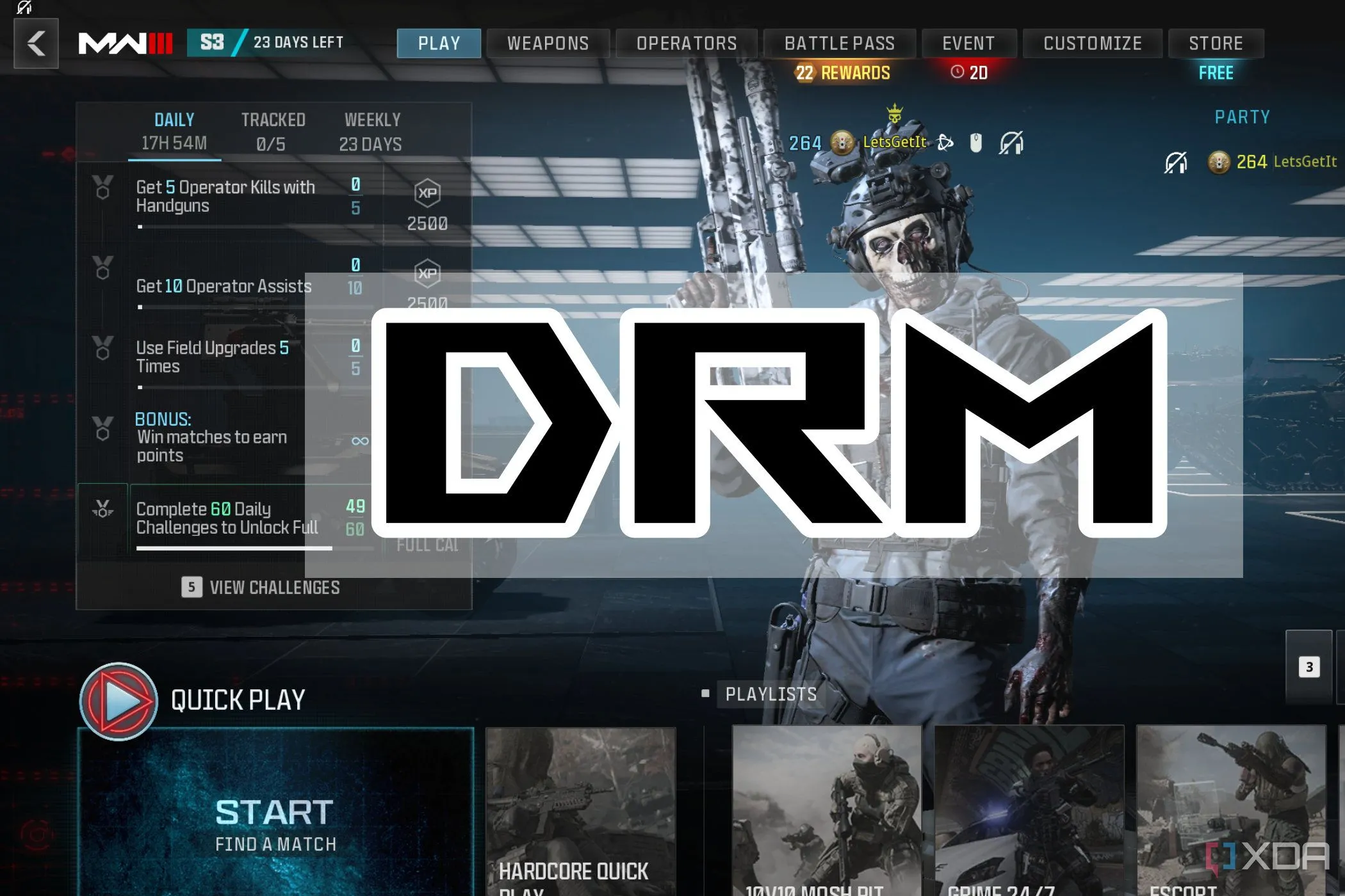 Giao diện COD MW3 với lớp phủ DRM cảnh báo về quyền sở hữu kỹ thuật số