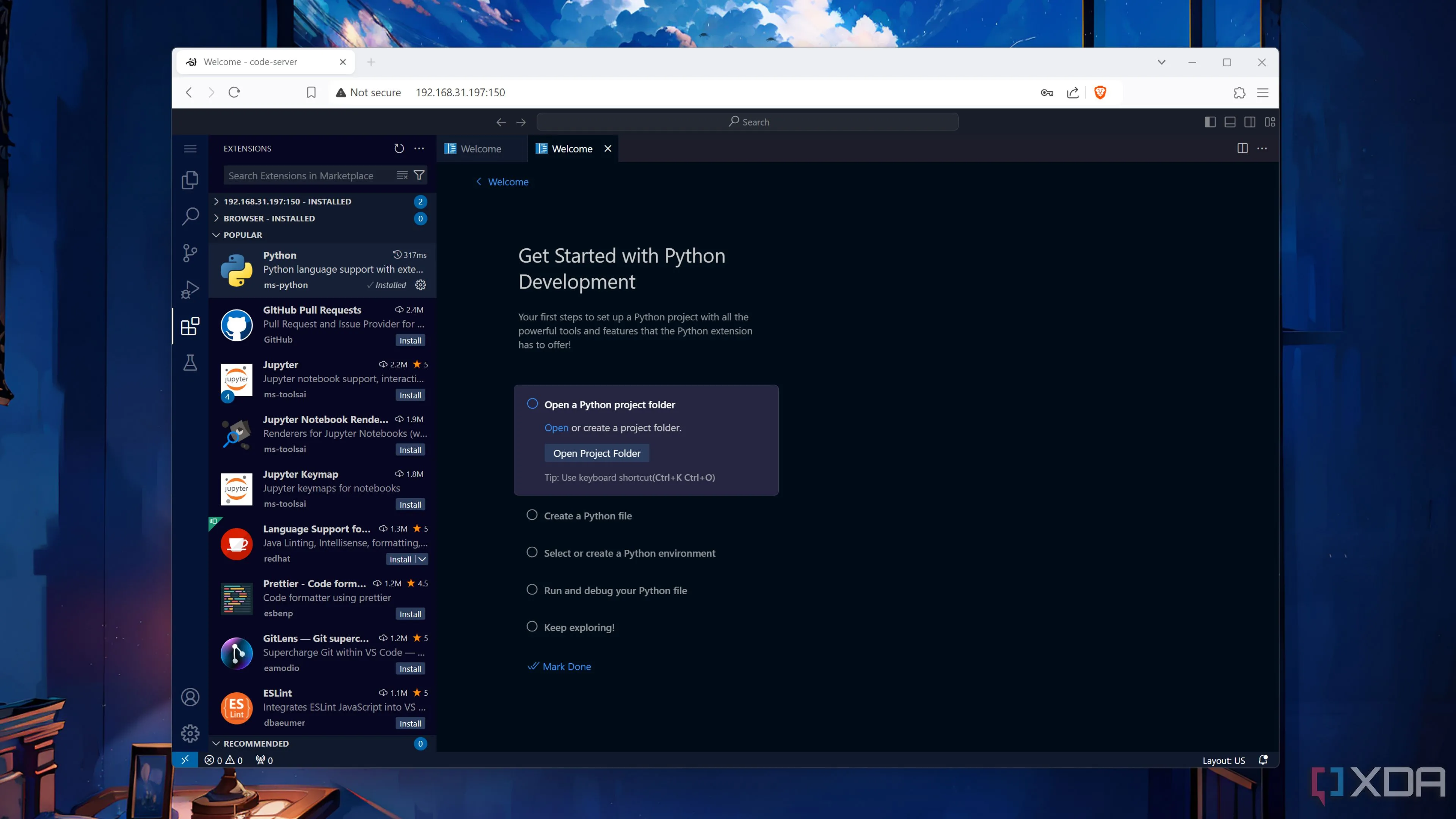 Giao diện Code-server chạy Visual Studio Code trên trình duyệt, tối ưu hóa môi trường phát triển từ xa trong home lab Windows.