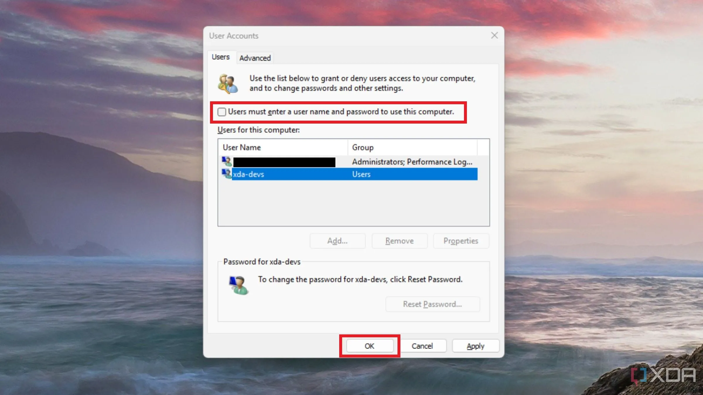 Giao diện công cụ netplwiz trên Windows, tùy chọn bỏ yêu cầu mật khẩu để tối ưu PC thành console
