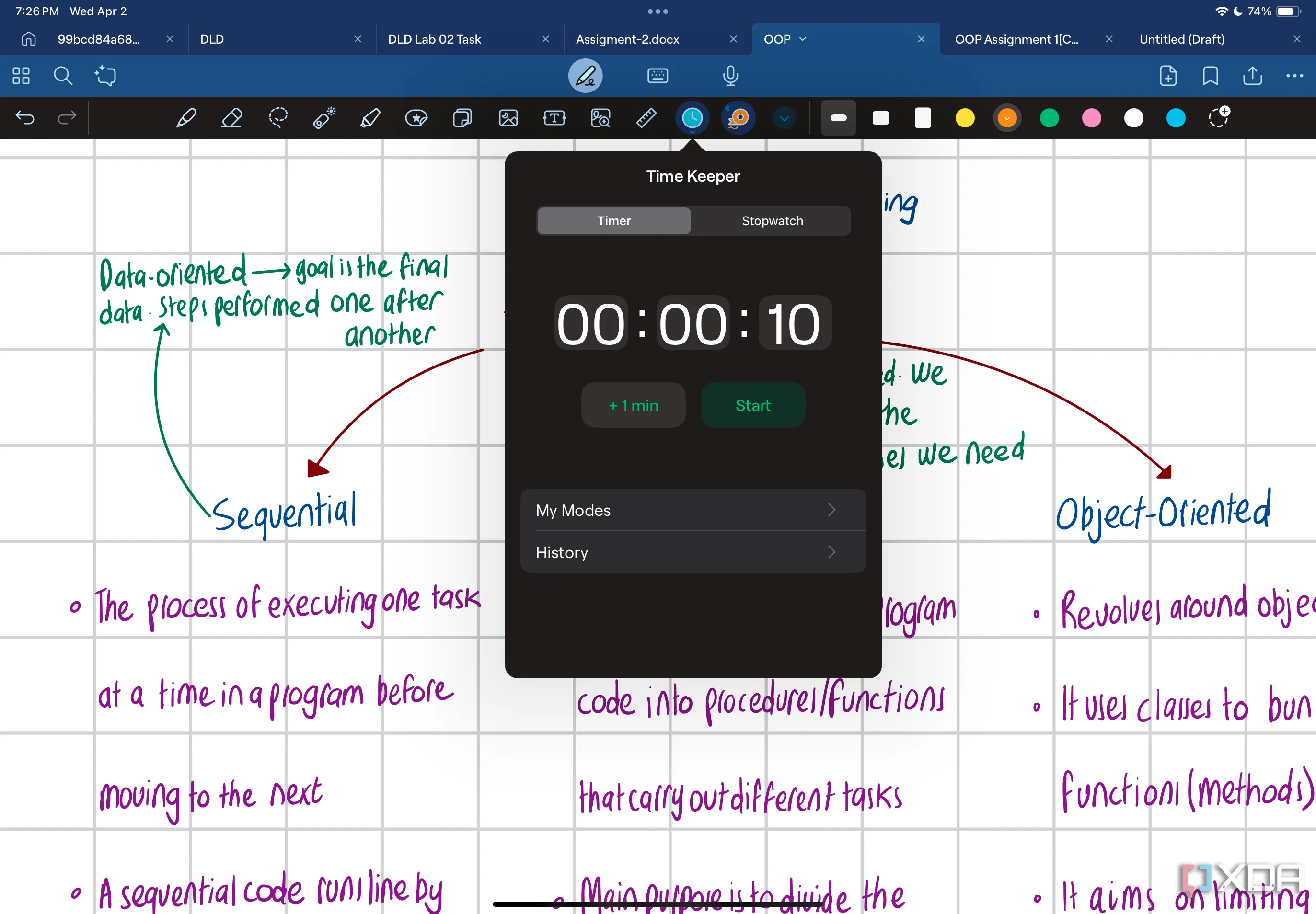 Giao diện công cụ Time Keeper trong Goodnotes 6 với các tùy chọn hẹn giờ và đồng hồ bấm giờ