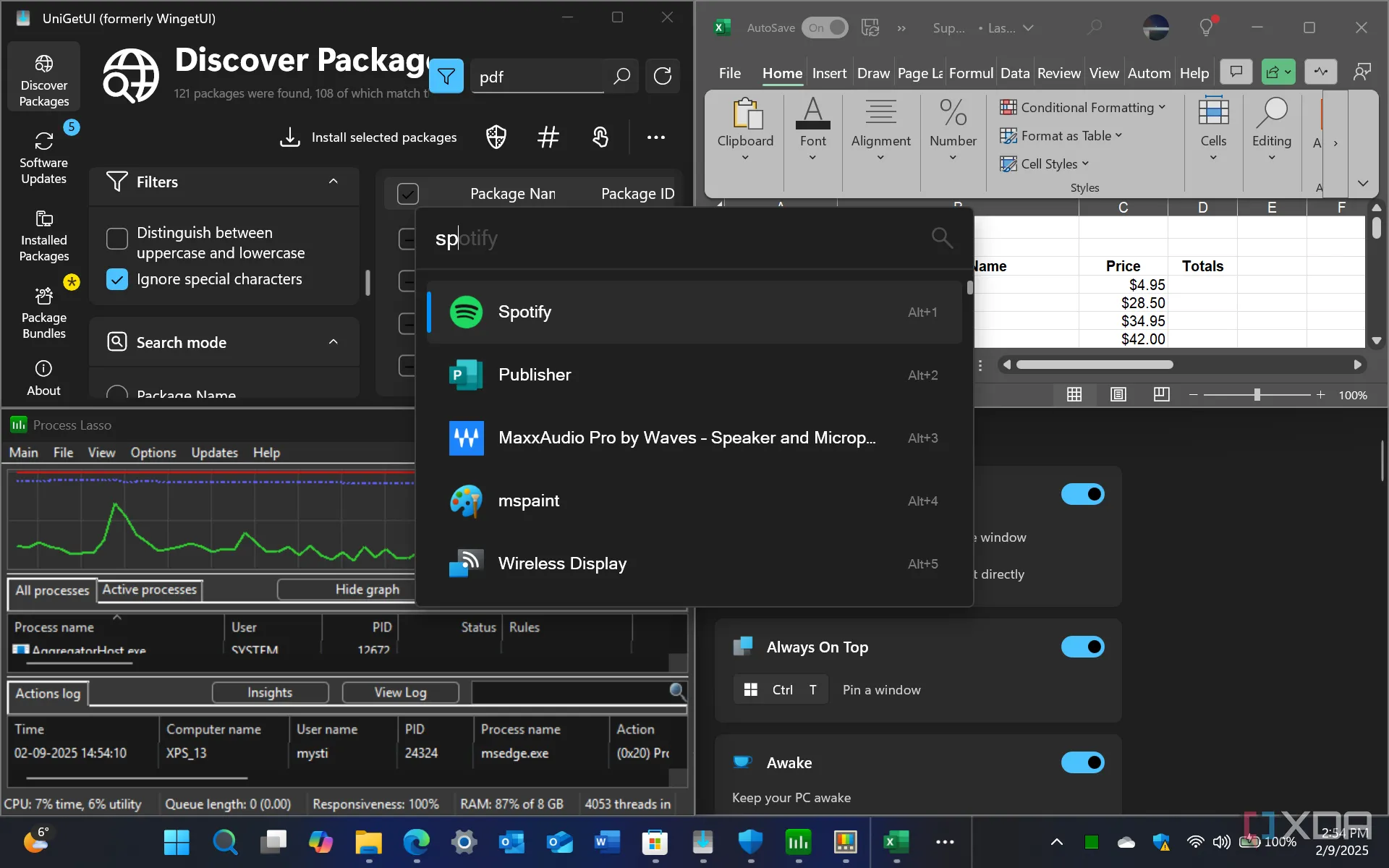 Giao diện đa nhiệm trên Windows 11 với các ứng dụng UniGetUI, Excel, Project Lasso và PowerToys Dashboard đang chạy