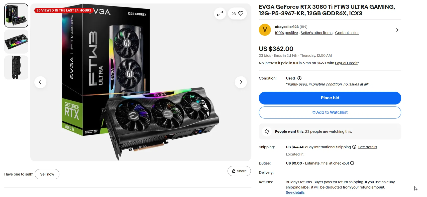 Giao diện danh sách rao bán linh kiện máy tính cũ trên eBay với mô tả sơ sài và ảnh chất lượng thấp