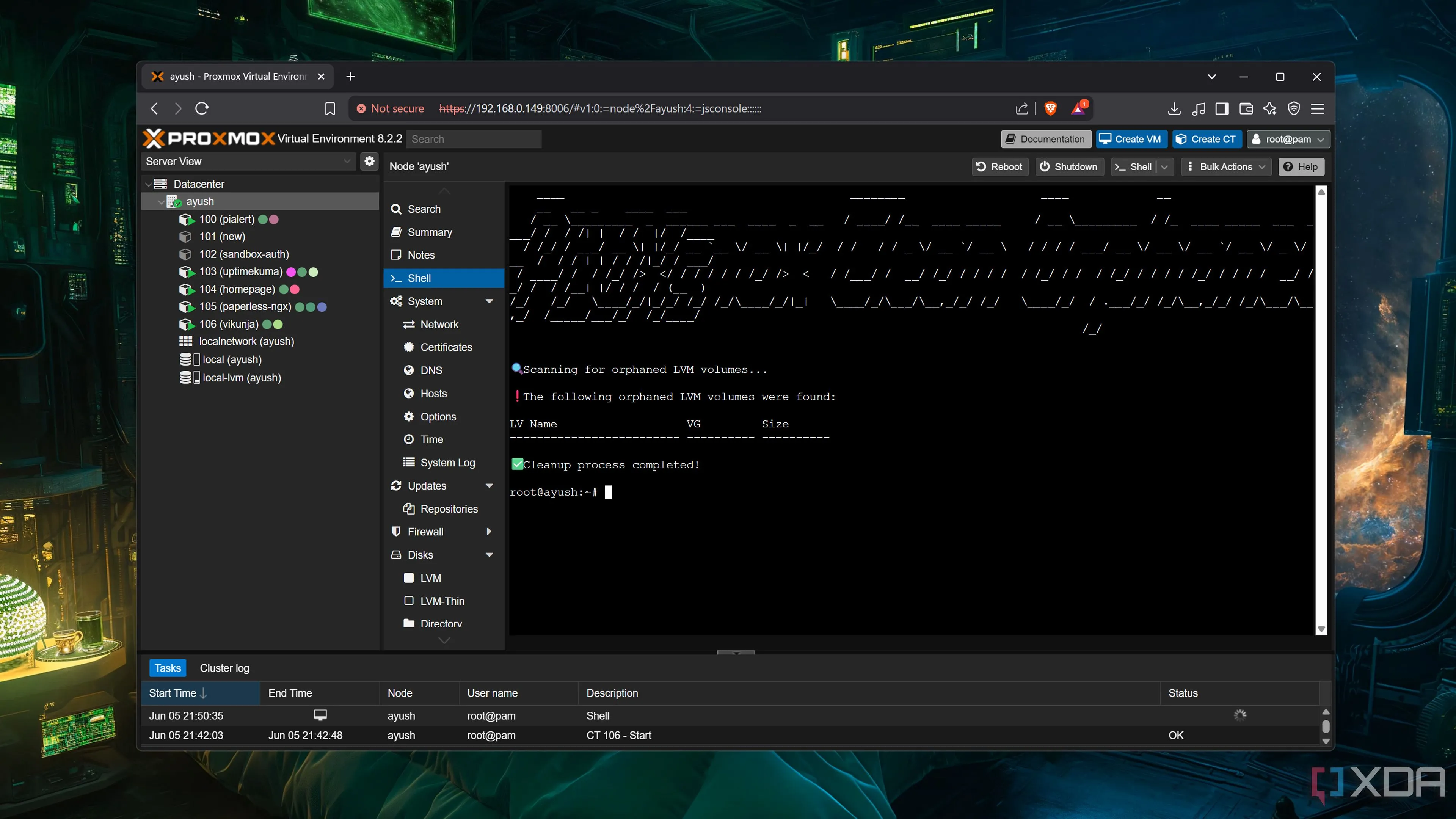 Giao diện dòng lệnh khi thực thi script Proxmox Clean Orphaned LVM, giúp dọn dẹp dung lượng lưu trữ bị chiếm bởi các LVM ảo hóa không còn sử dụng.
