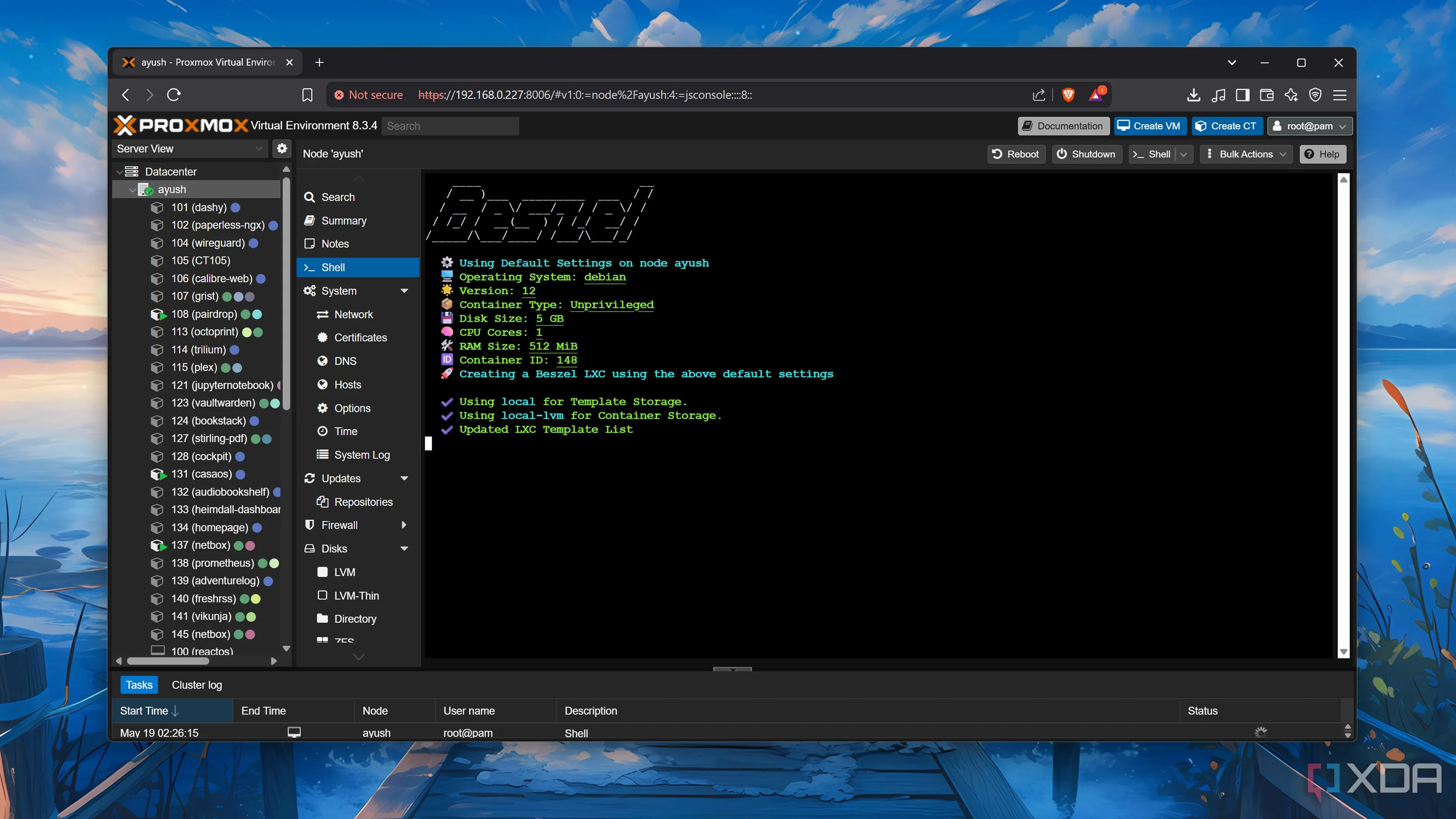 Giao diện dòng lệnh Proxmox VE hiển thị quá trình cài đặt Beszel Hub bằng script helper, tạo LXC container.
