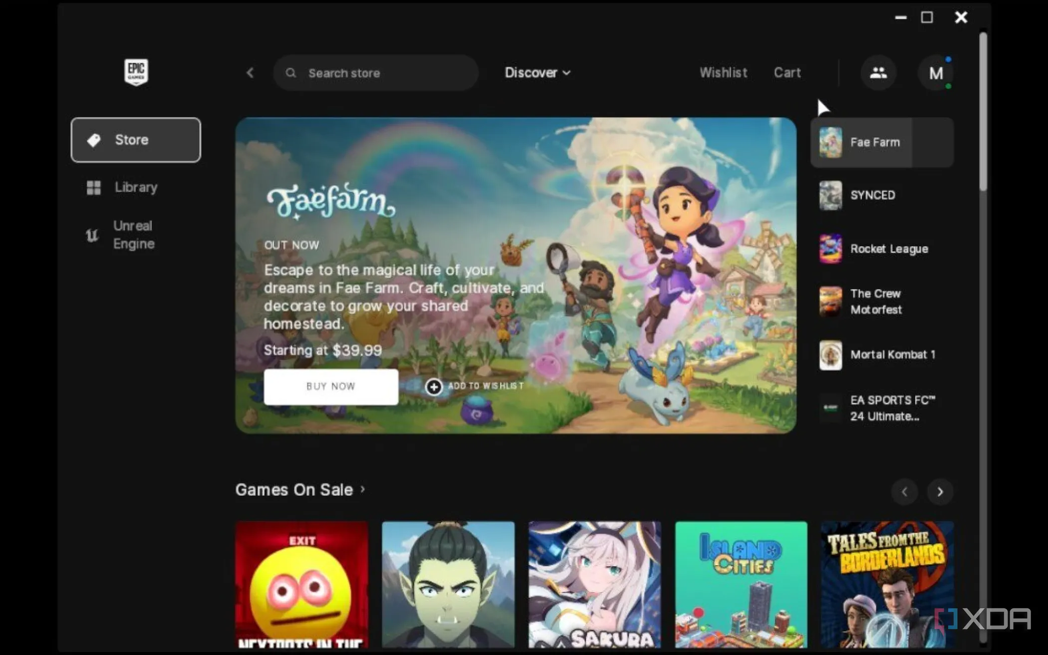Giao diện Epic Games Launcher hiển thị trên Steam Deck, với Faefarm là game nổi bật được quảng bá
