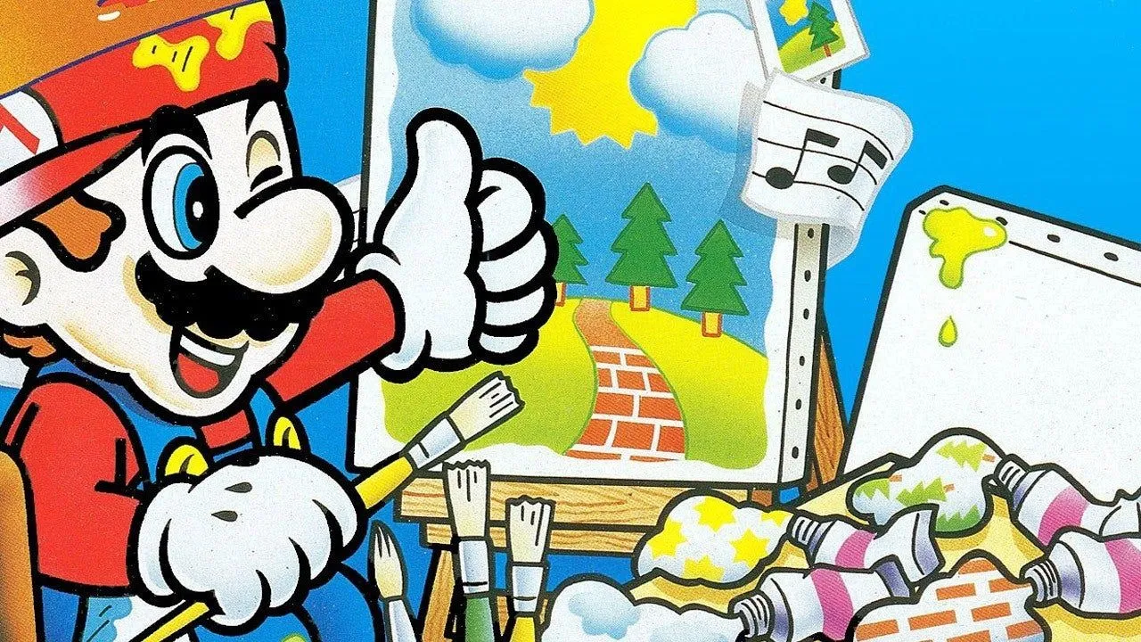 Giao diện game Mario Paint với Mario và các công cụ vẽ