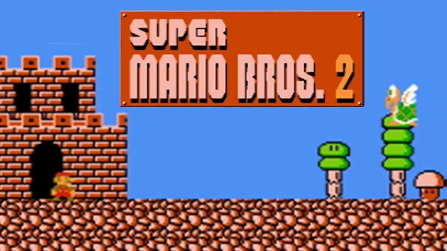 Giao diện game Super Mario Bros. 2, hay còn gọi là The Lost Levels, phiên bản quốc tế với đồ họa pixel cổ điển.