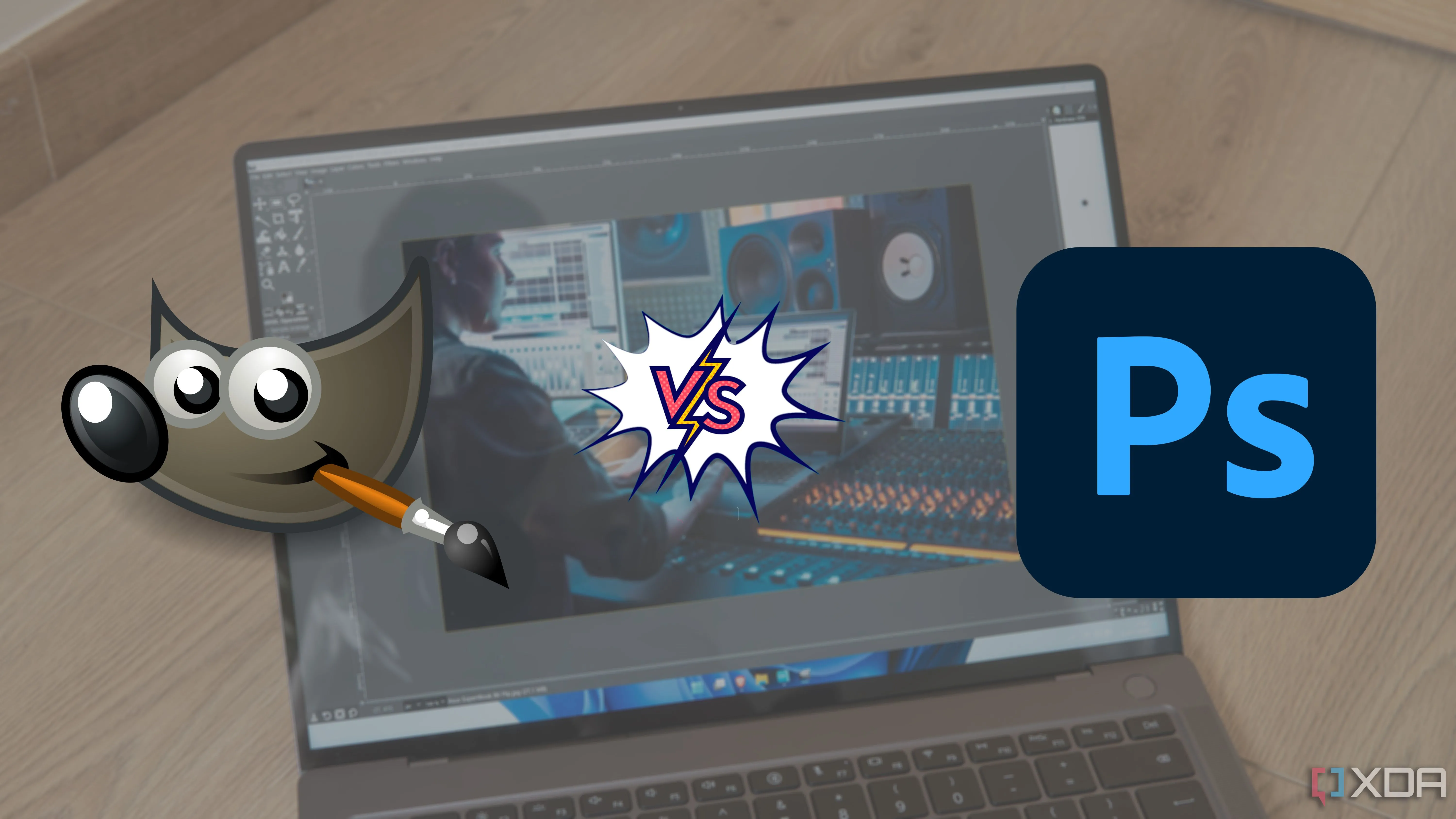 Giao diện GIMP trên máy tính xách tay với logo GIMP và Photoshop đặt cạnh nhau, thể hiện sự đối đầu giữa hai phần mềm chỉnh sửa ảnh