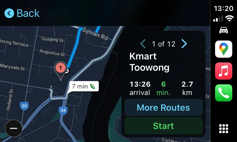 Giao diện Google Maps CarPlay hiển thị tổng quan tuyến đường đến một địa điểm Kmart gần đó với thời gian ước tính.