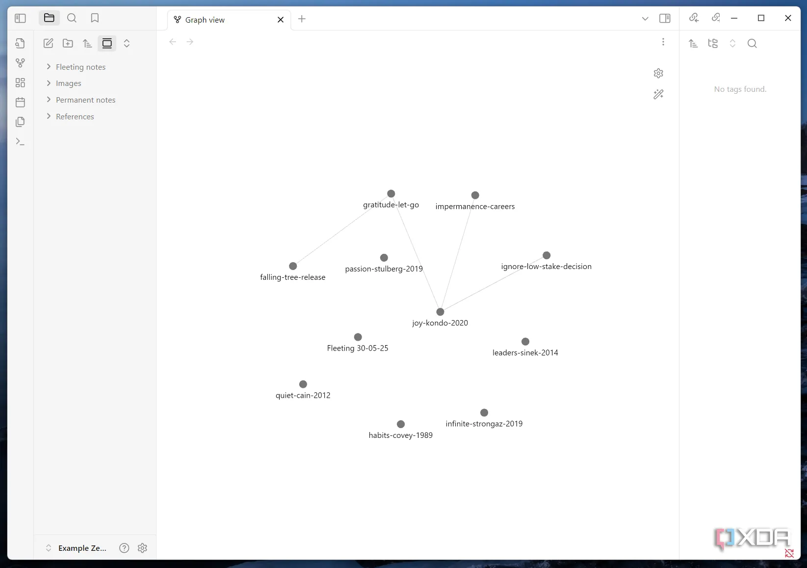 Giao diện Graph View của Obsidian, hiển thị mạng lưới các ghi chú Zettelkasten