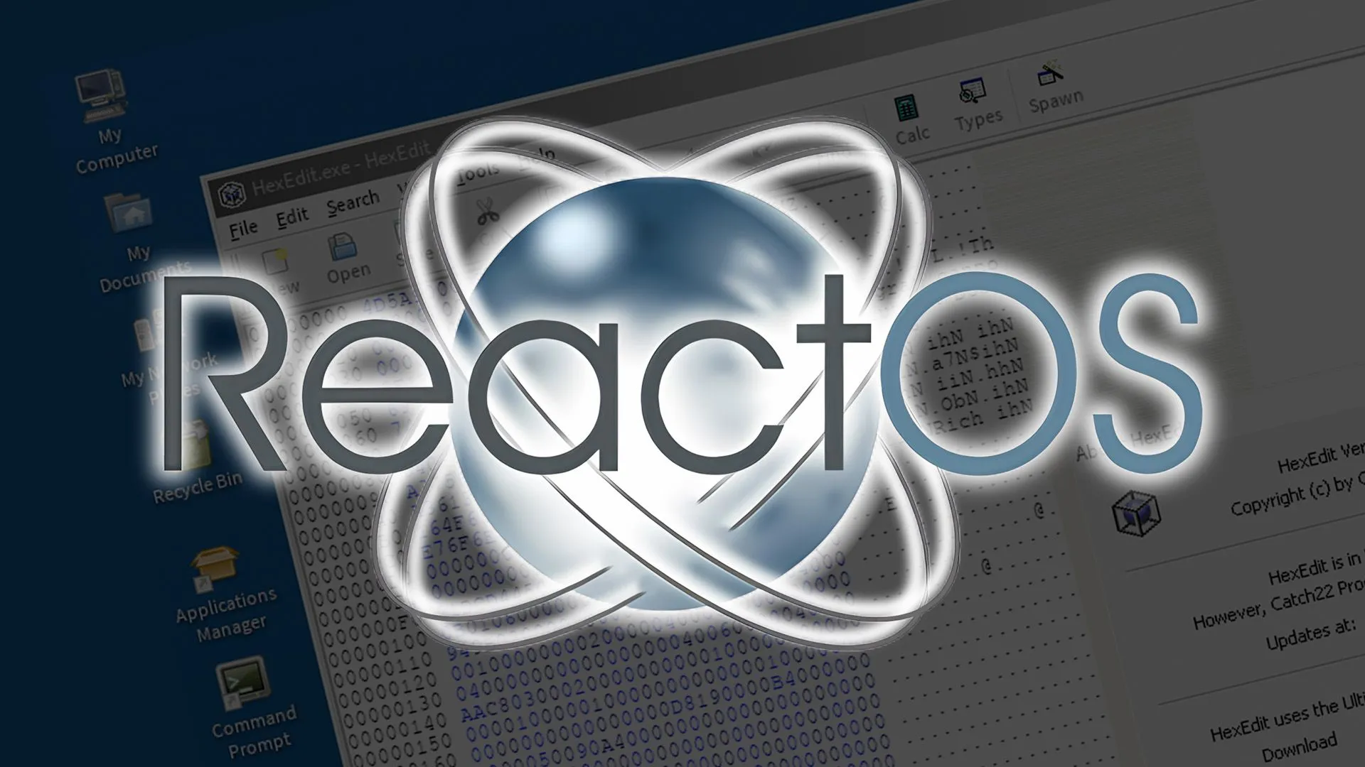 Giao diện hệ điều hành ReactOS trên màn hình máy tính với các biểu tượng quen thuộc của Windows