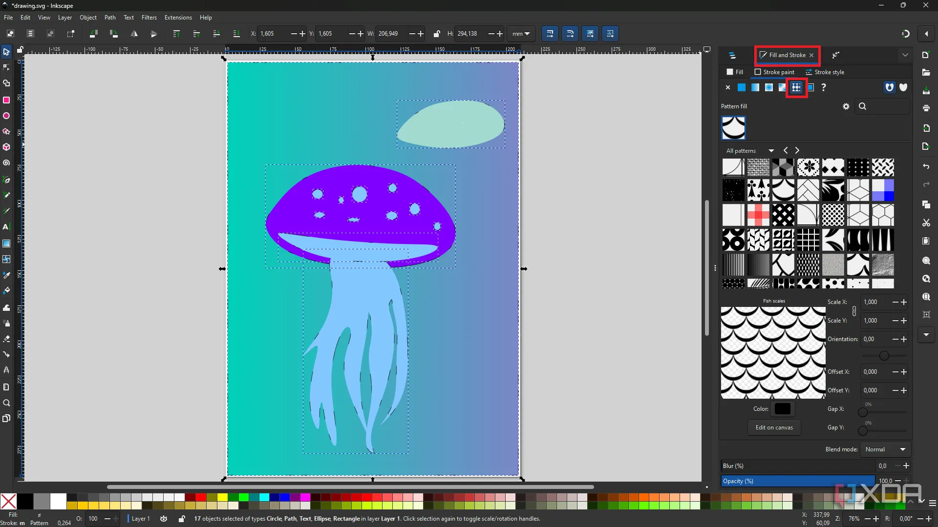 Giao diện Inkscape hiển thị công cụ tạo họa tiết (Pattern tool) với hình minh họa con sứa và các tùy chọn lặp lại, giúp tạo nền và kết cấu dễ dàng.