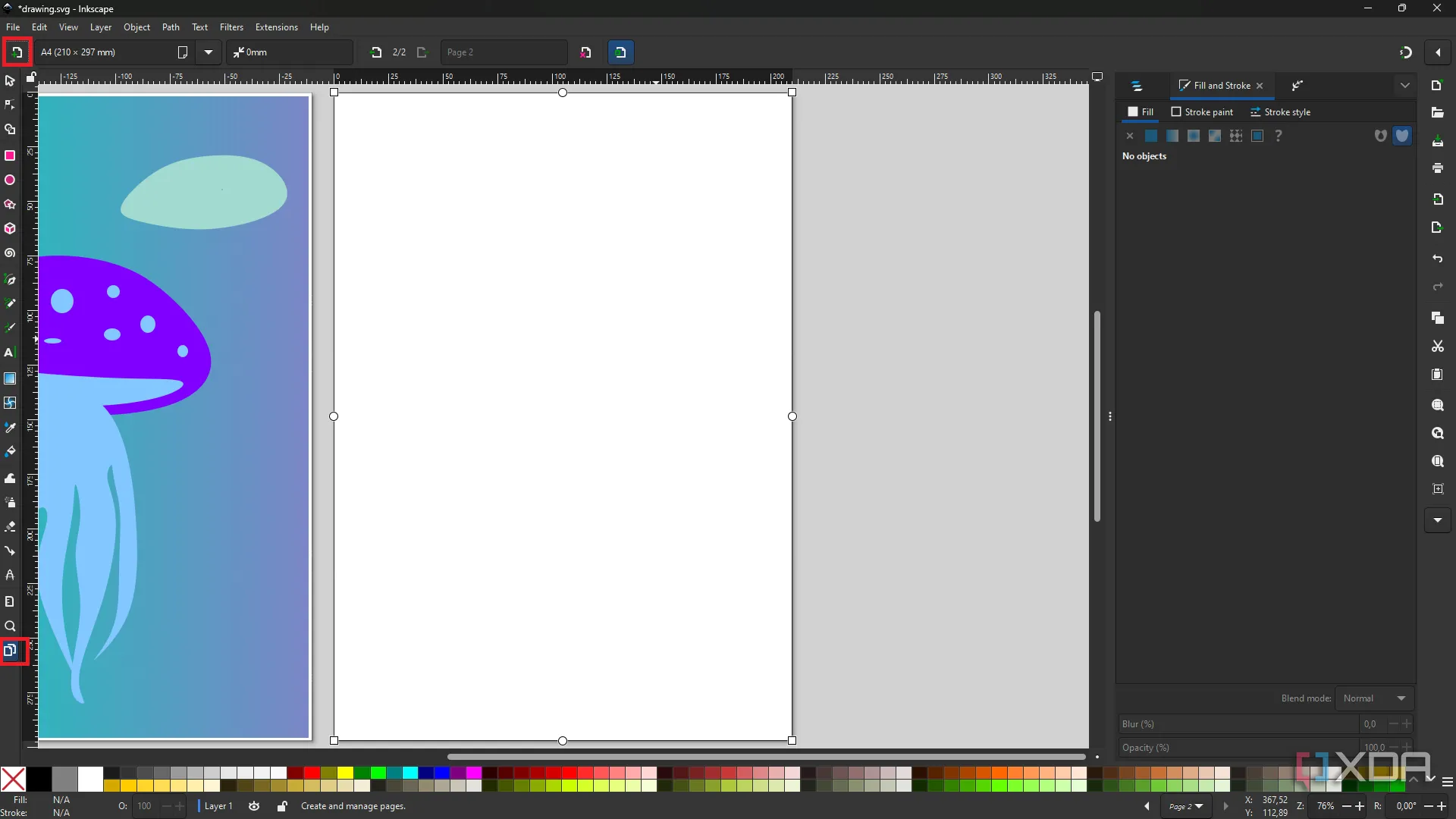 Giao diện Inkscape hiển thị tính năng hỗ trợ đa trang (Multipage support) với nhiều canvas riêng biệt, giúp quản lý dự án thiết kế gồm nhiều trang dễ dàng.