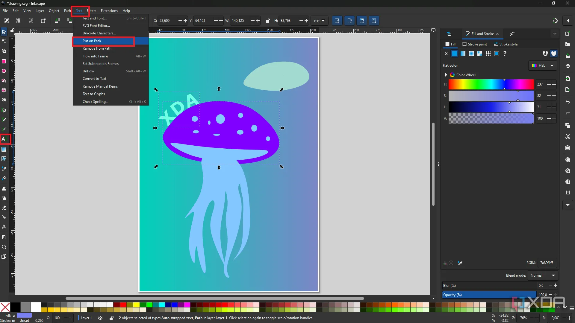 Giao diện Inkscape với các tùy chọn công cụ Text (văn bản) và hình minh họa sứa, cho thấy khả năng xử lý typography và chèn văn bản vào đường dẫn.
